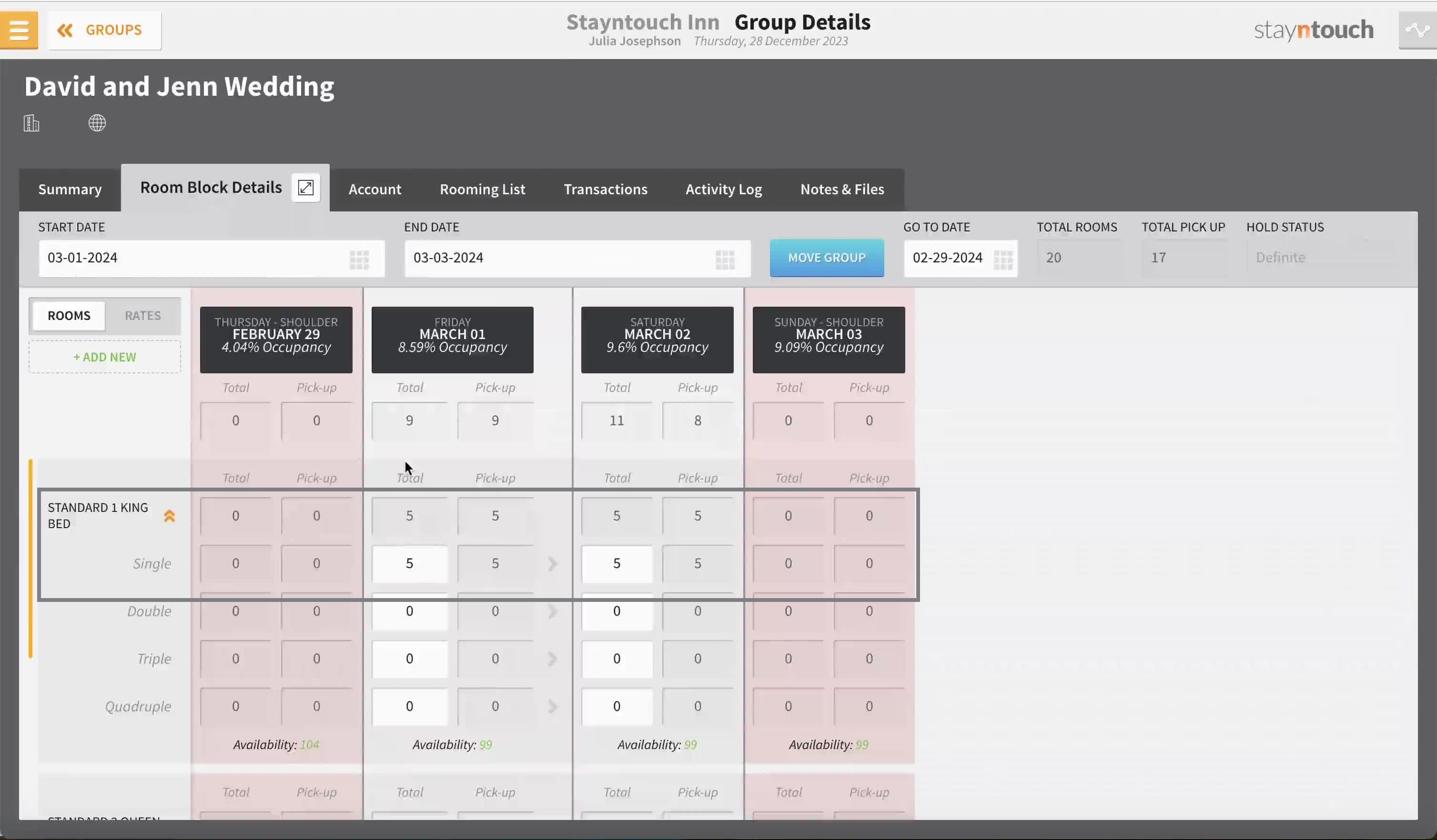 We can see here in the Room Block Details tab that we didn't have enough inventory in that room type for another booking, so let's increase our hold by one room to accommodate this reservation.
