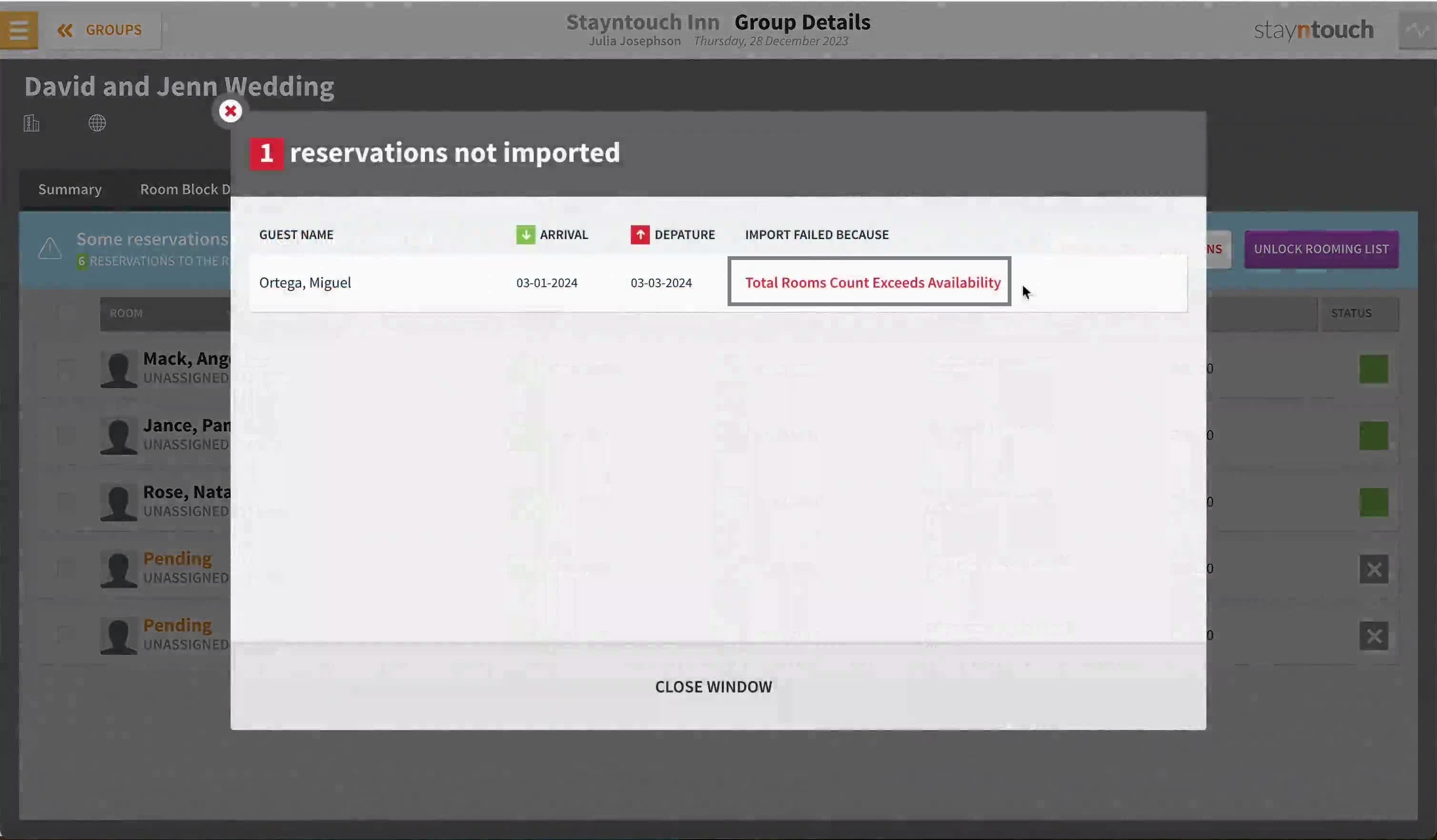 This failure indicates that the total rooms count exceeds availability.