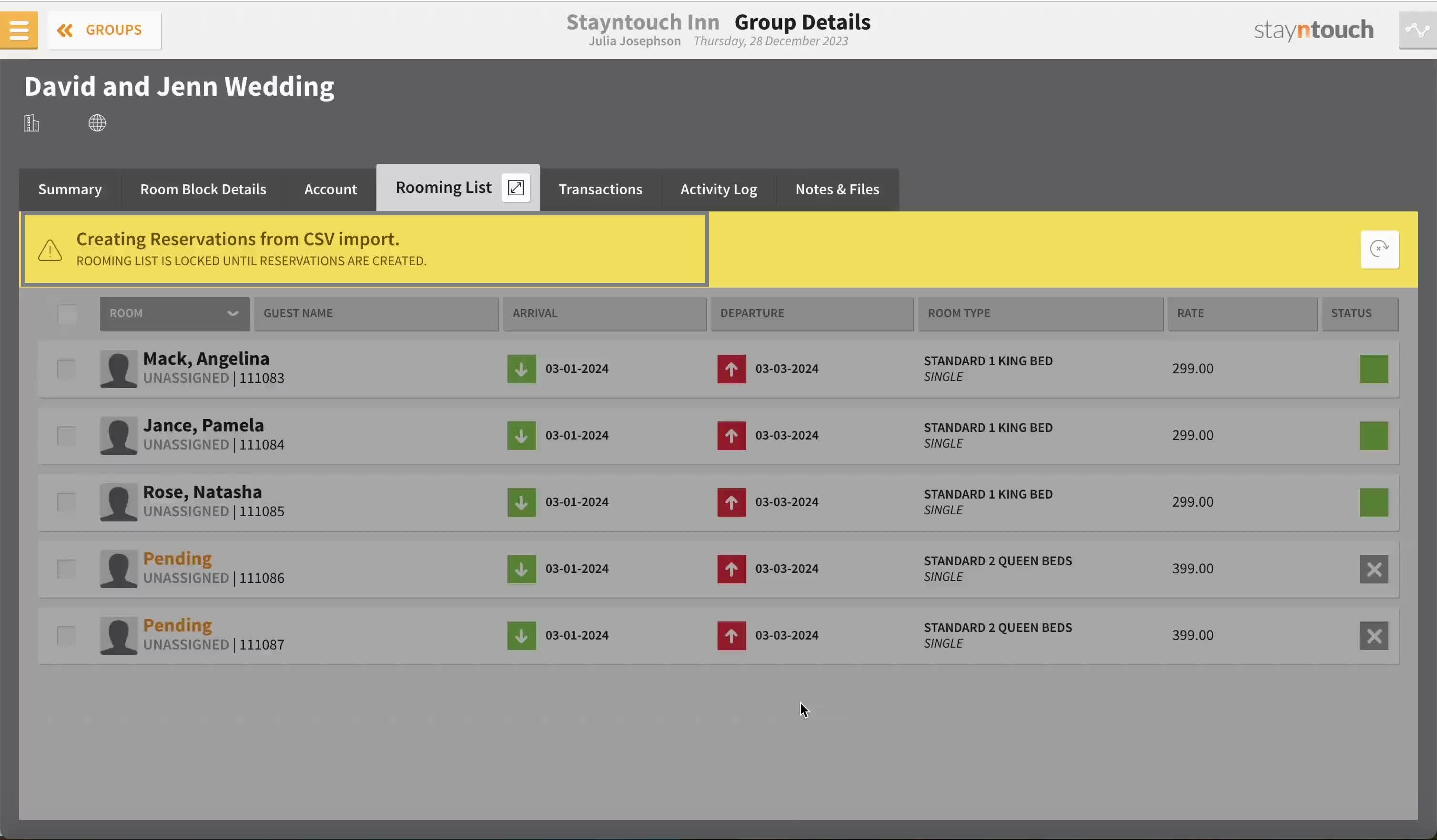 The resulting message shows that six reservations were added to the rooming list but one was not created.