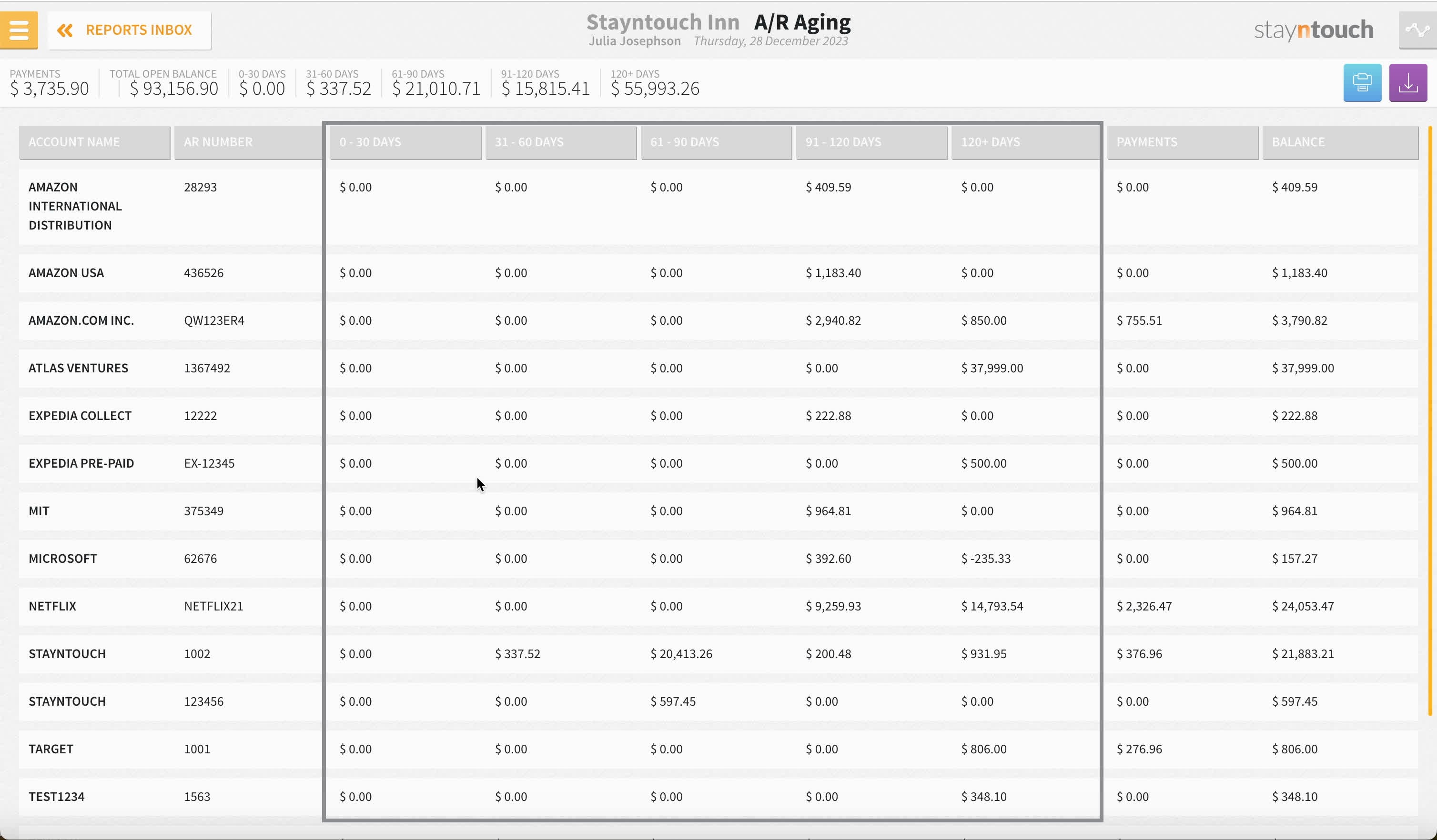 we’ll begin by looking at the AR Aging Report. This gives us our open AR accounts with aging buckets