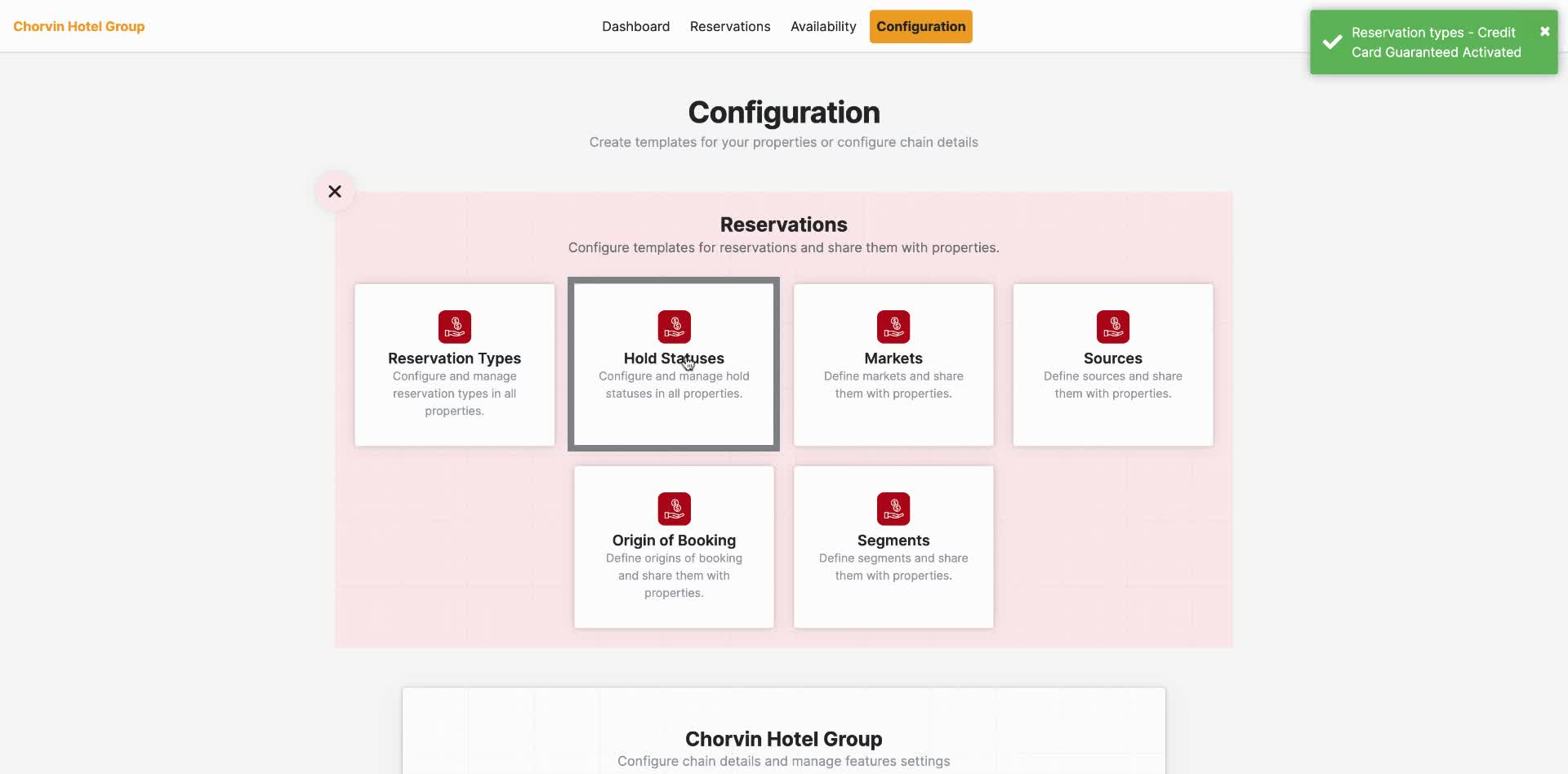 Select  "Hold-Statuses", from the reservations area, to create and manage Hold-Statuses for group-and-allotment-bookings at your chain.