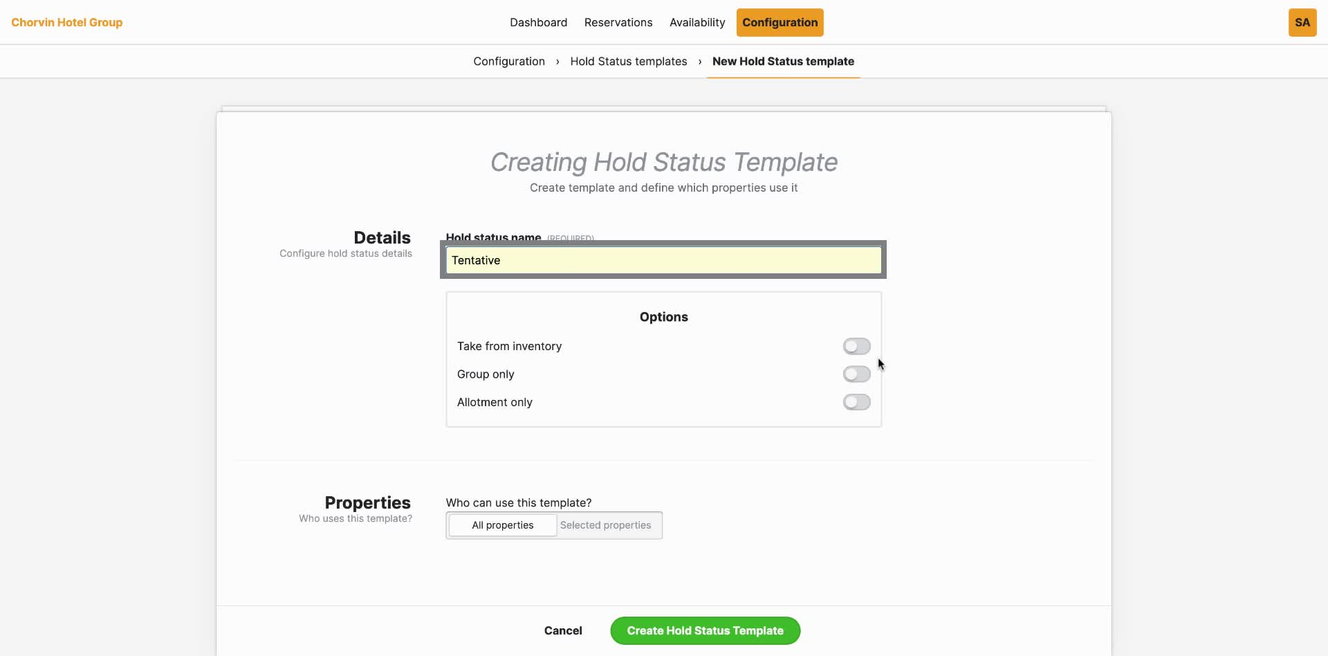 In this example, we are adding a Group-Hold-Status of "Tentative", and we start by entering the Status-Name.