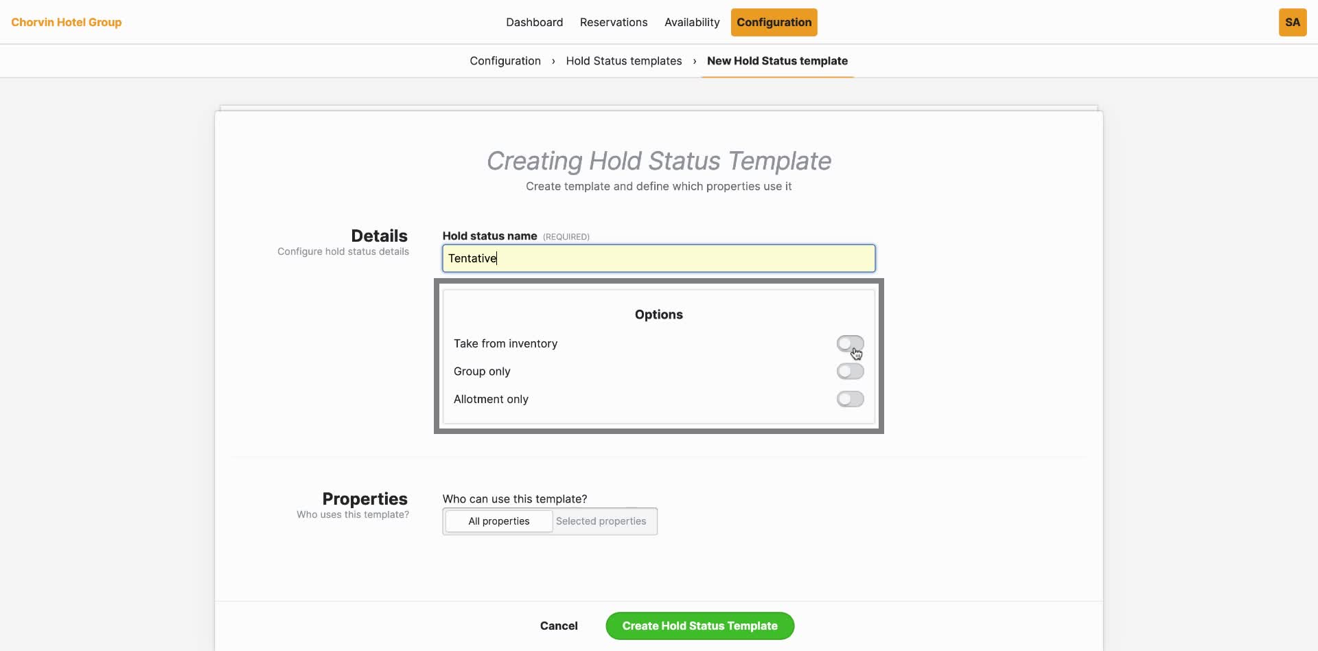 We have "three" options relating to this status. The first, (Take-From-Inventory), tells the system to hold rooms for this group or allotment. When not enabled for this status, no rooms will be held. Group-Only, and Allotment-Only, determine if this status should be limited to only one, or the other. 