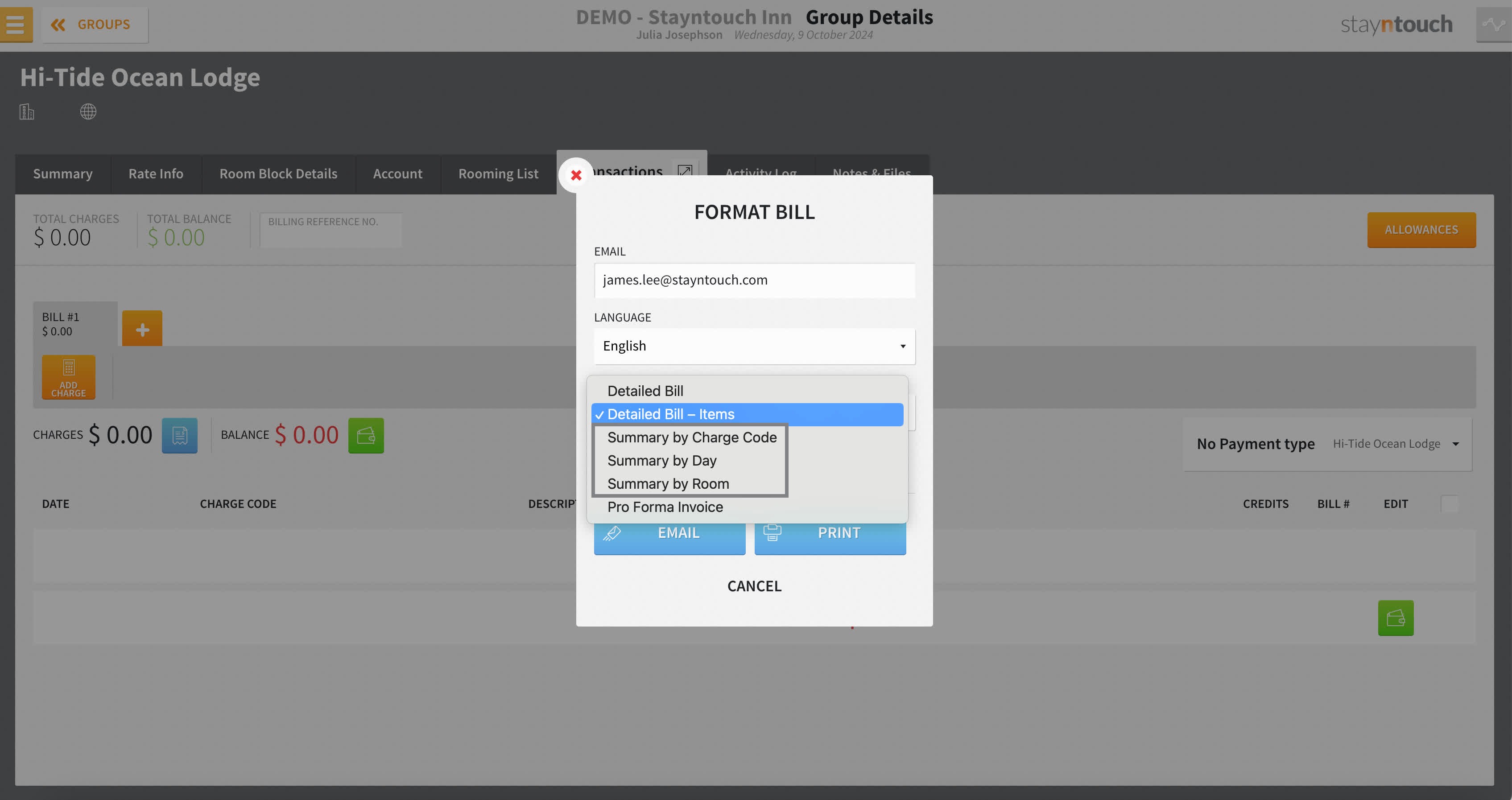 The summary options are helpful to consolidate a very long detailed bill for a large or long group into a more condensed format.