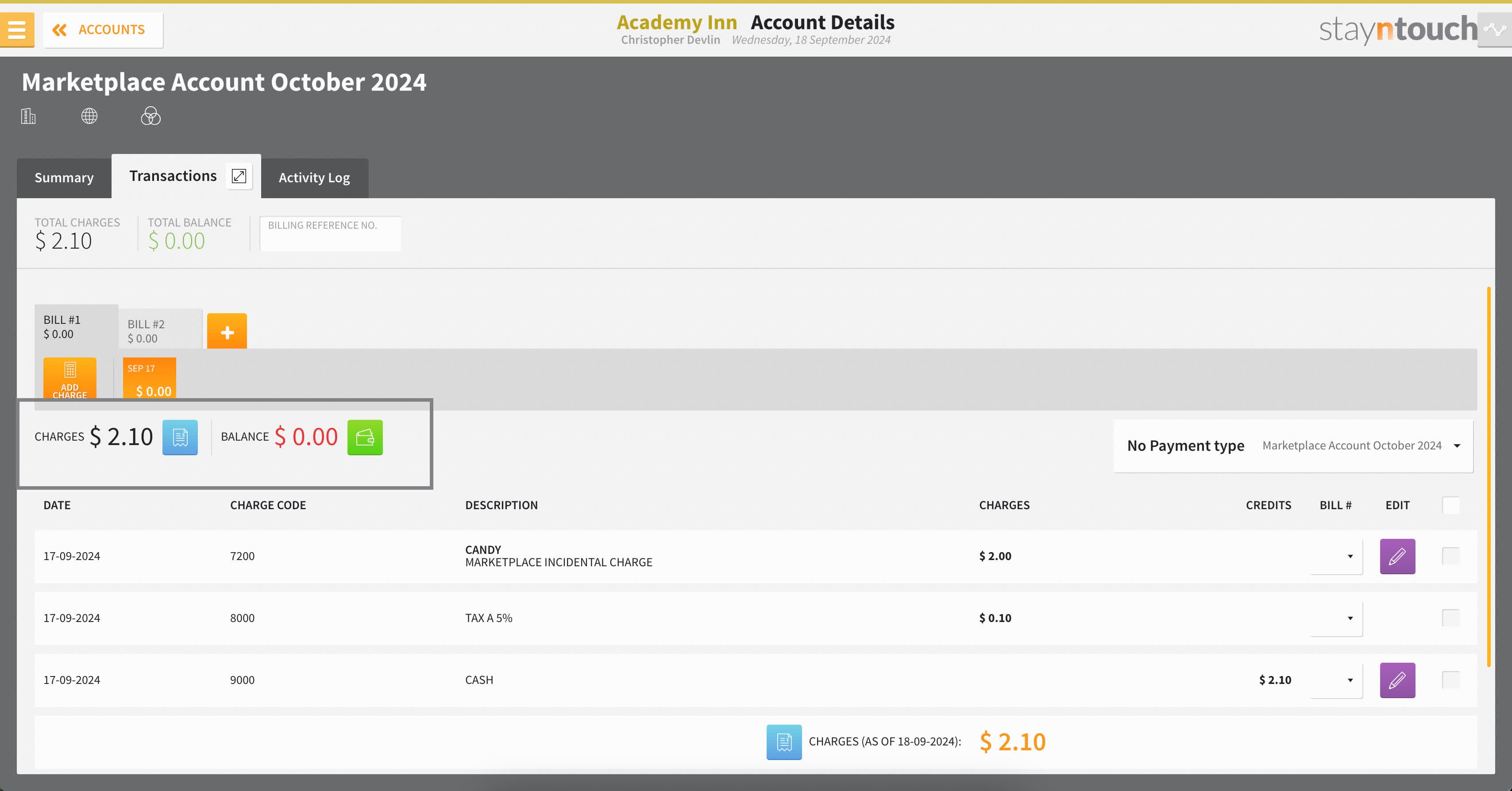 While the 'total charges and balance' of each bill, will be shown further down.