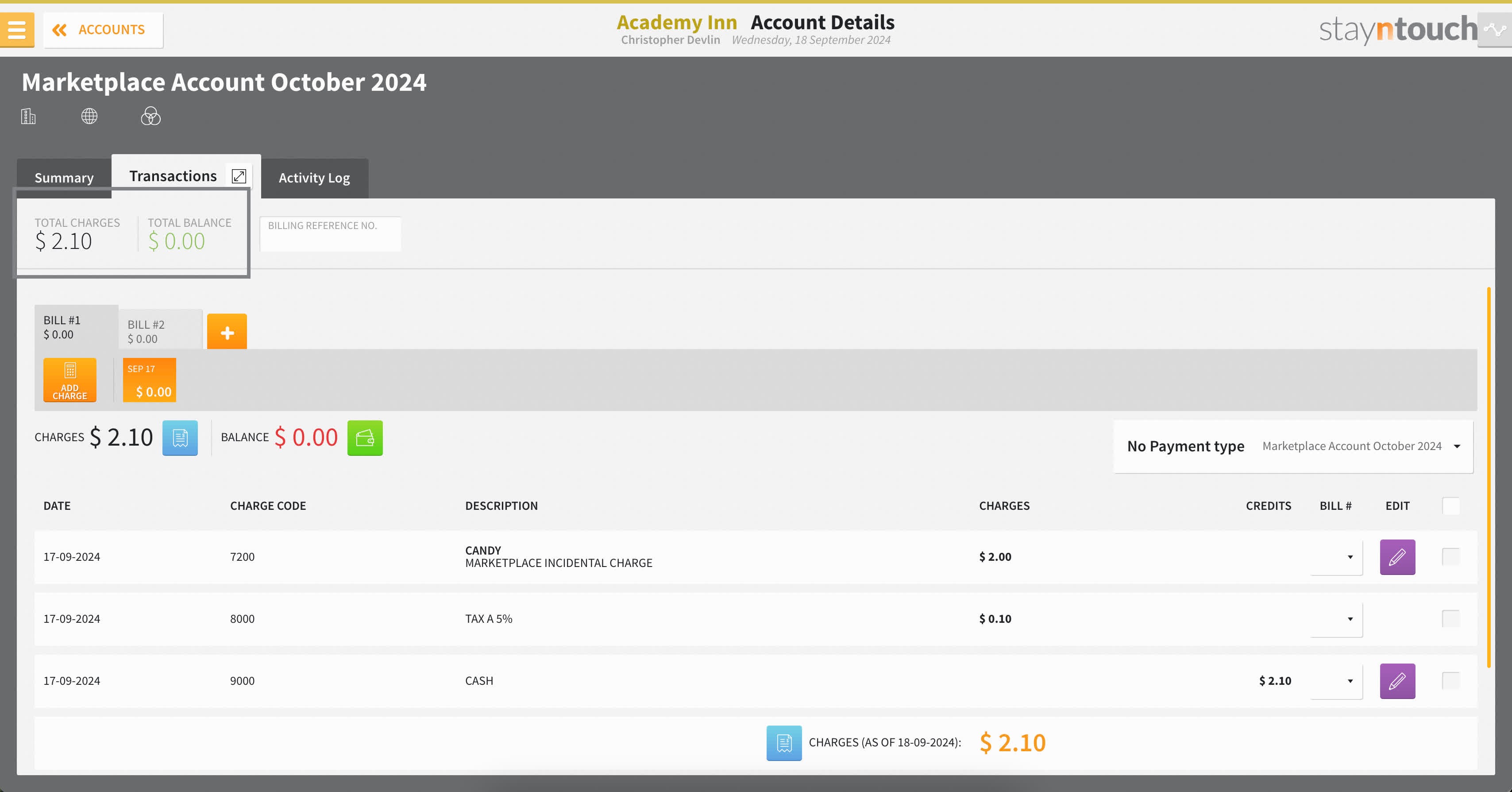 In addition, note that the 'total account charges' will be shown on the top along with any balance.