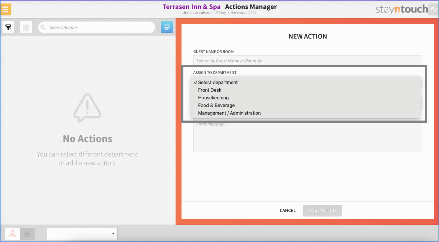 When creating actions, users will assign them to a department, and users can review actions filtered by department. Leaving off or lumping together extraneous departments that are not regularly checking the Actions in the PMS keeps the list simple and will help avoid errors.