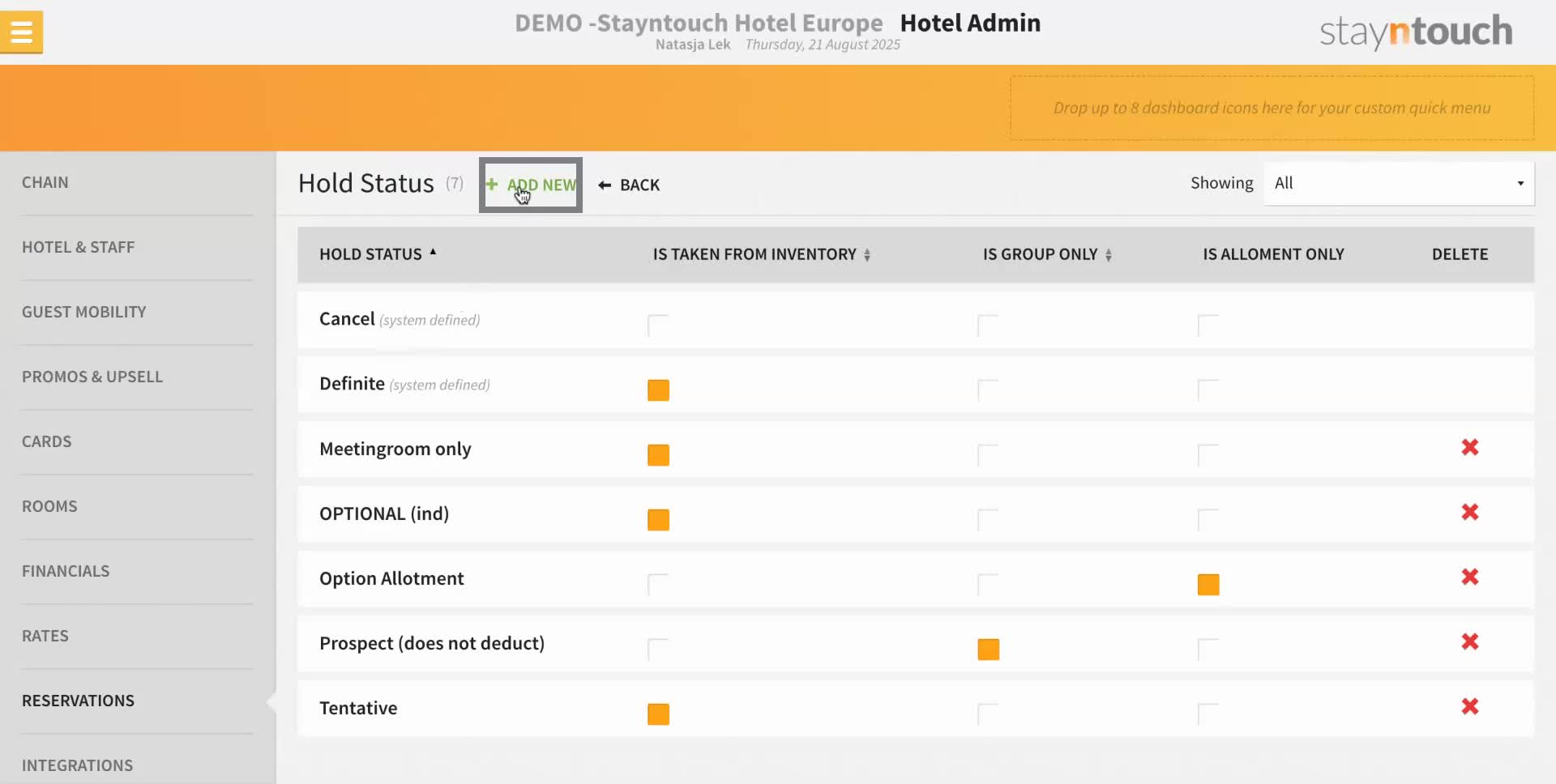 Click on "Add New" to create a new hold status.