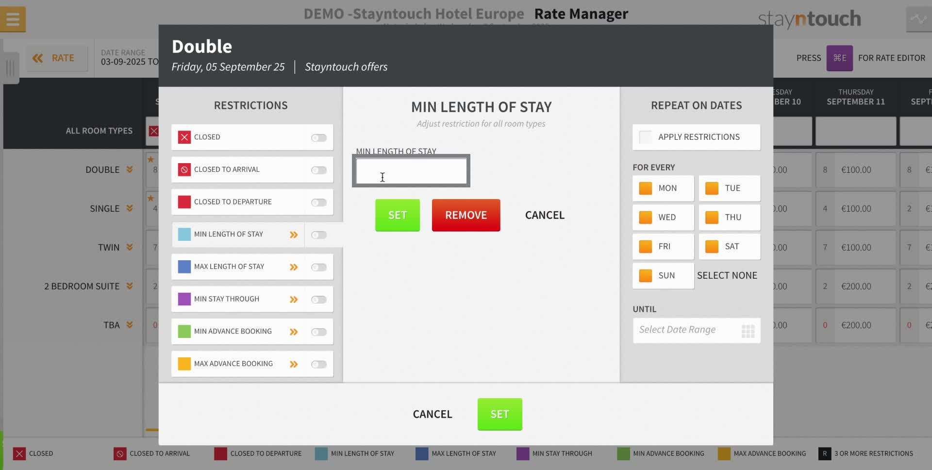 For "minimum length of stay" you have to set the amount of nights.