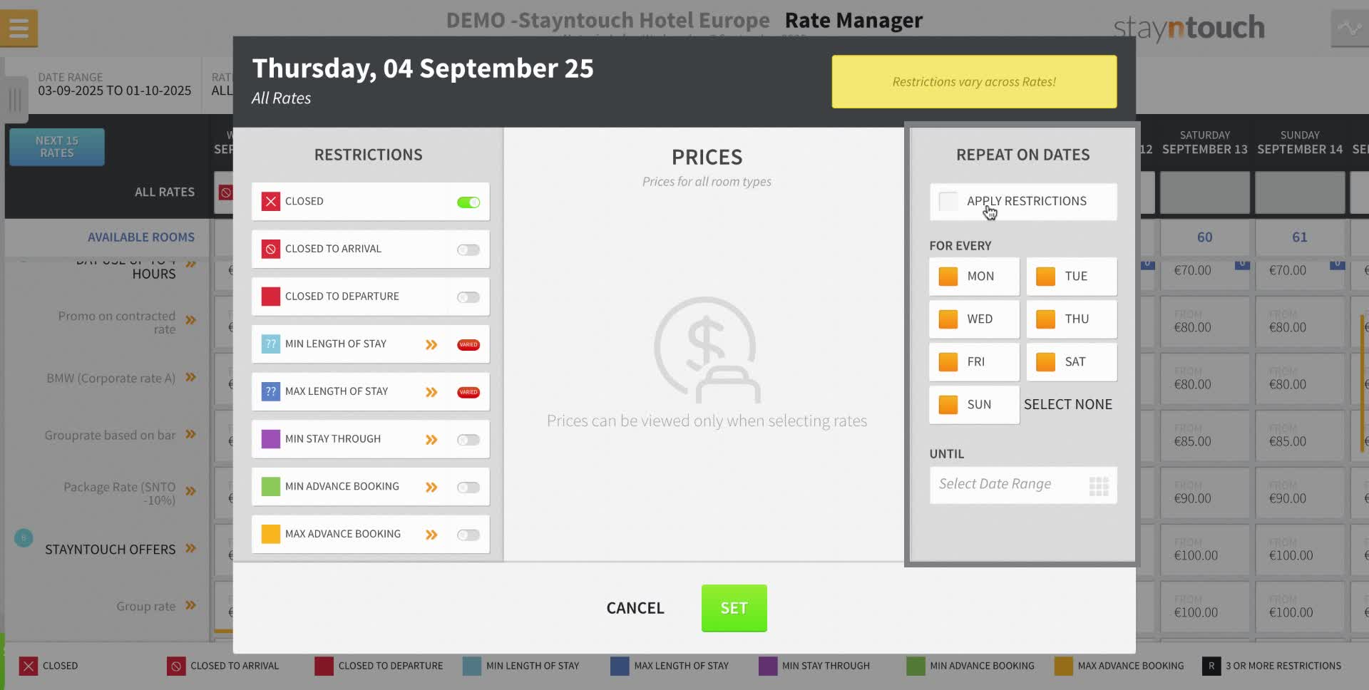 And then click on "APPLY RESTRICTIONS" under the REPEAT ON DATES section.