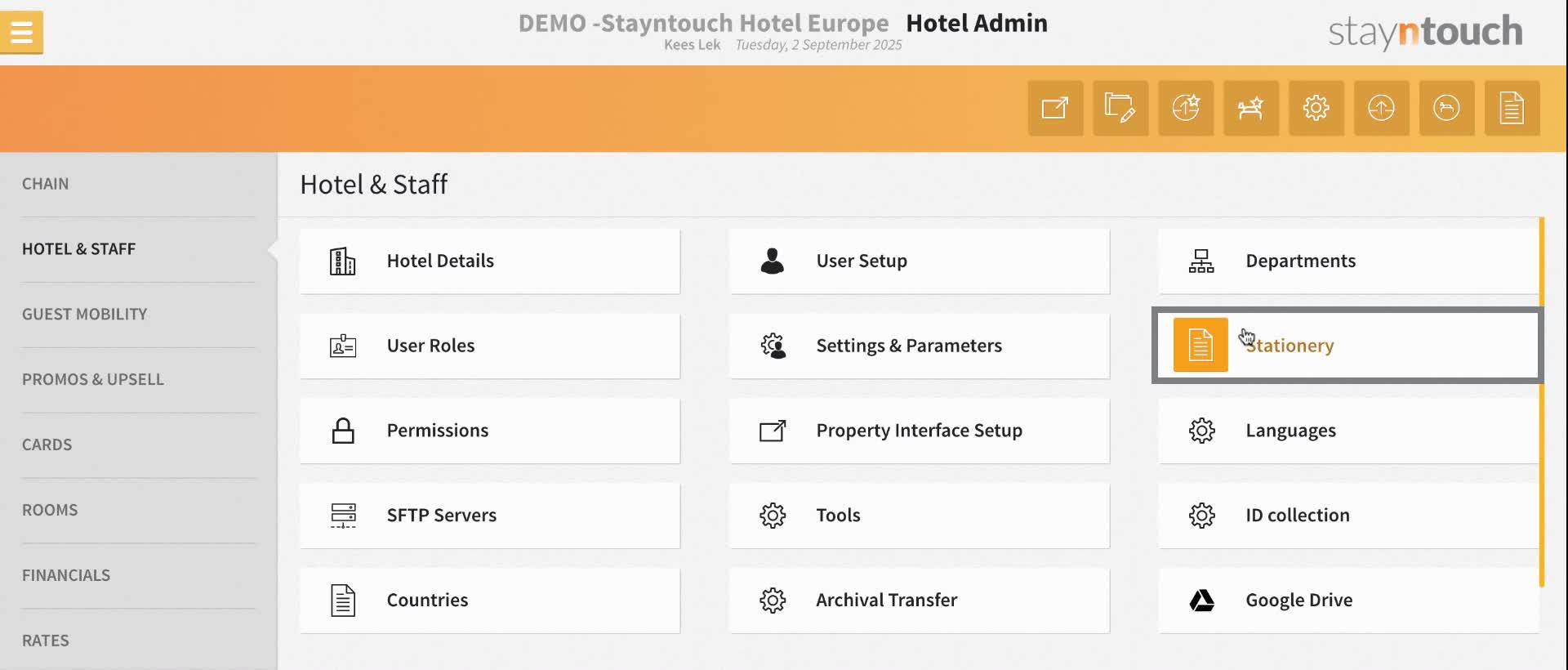 In the Hotel & Staff section, click on "Stationery."