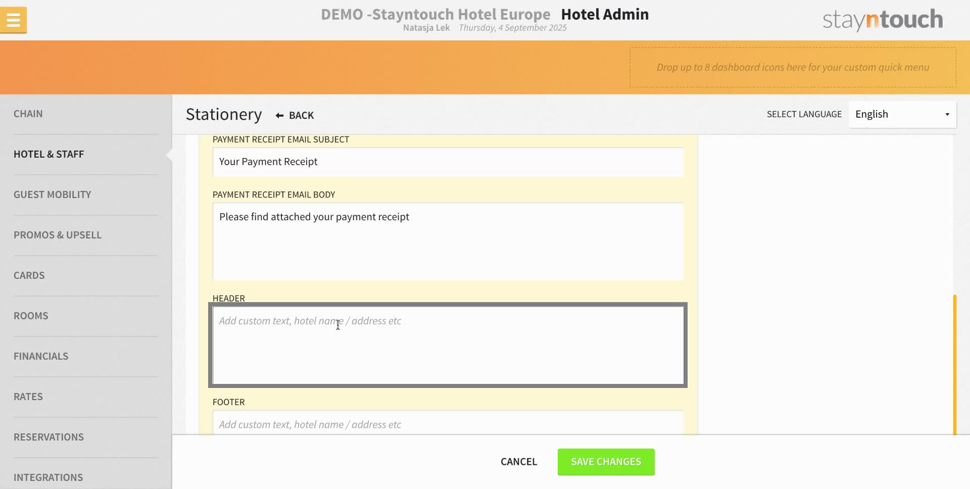 The header will be above the charges on the PDF associated with the email.