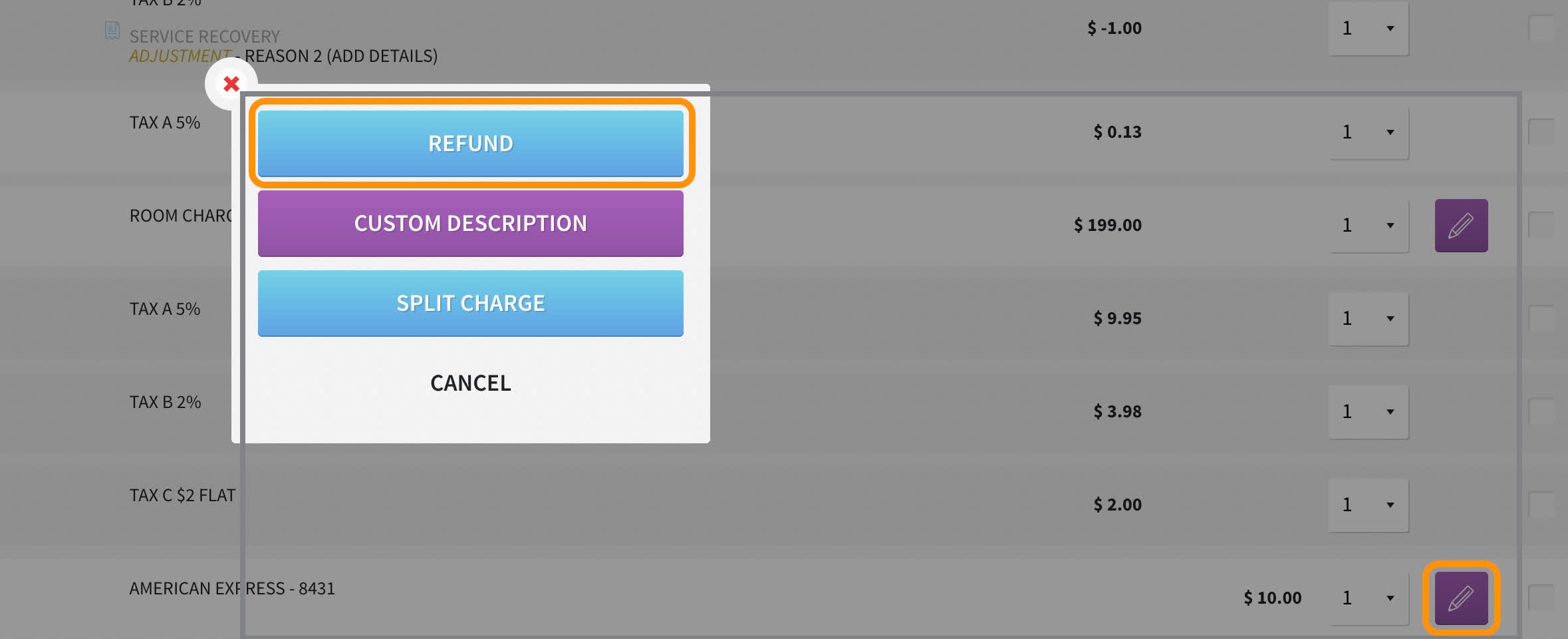 For credit card refunds, this can be initiated using the purple pencil and selecting the "refund option" in the pop up. This feature is also permissions driven for users. 