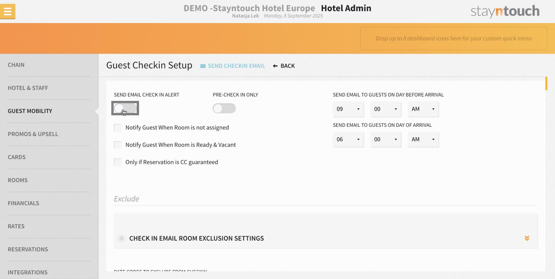 Toggle the switch to enable "Send Email Check In Alert."