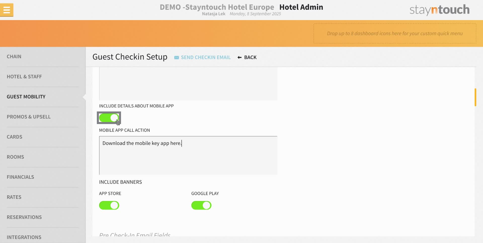 If your property has a mobile app you work with (such as for example for mobile keys), it is possible to inform the guest of this already once they have completed the pre check-in. This can also already have links to the app store and google play store for customers to download the app already.