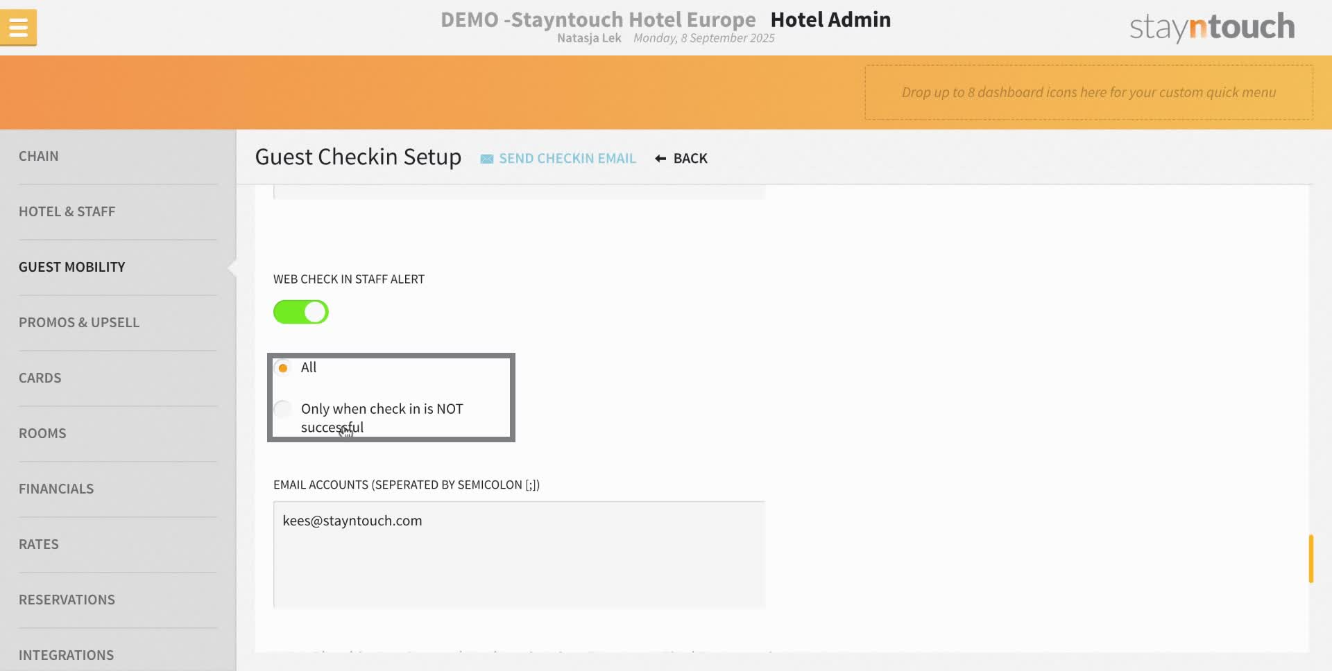 The emails can be either for all check-ins, or only for those guests that did not complete their mobile check-in.