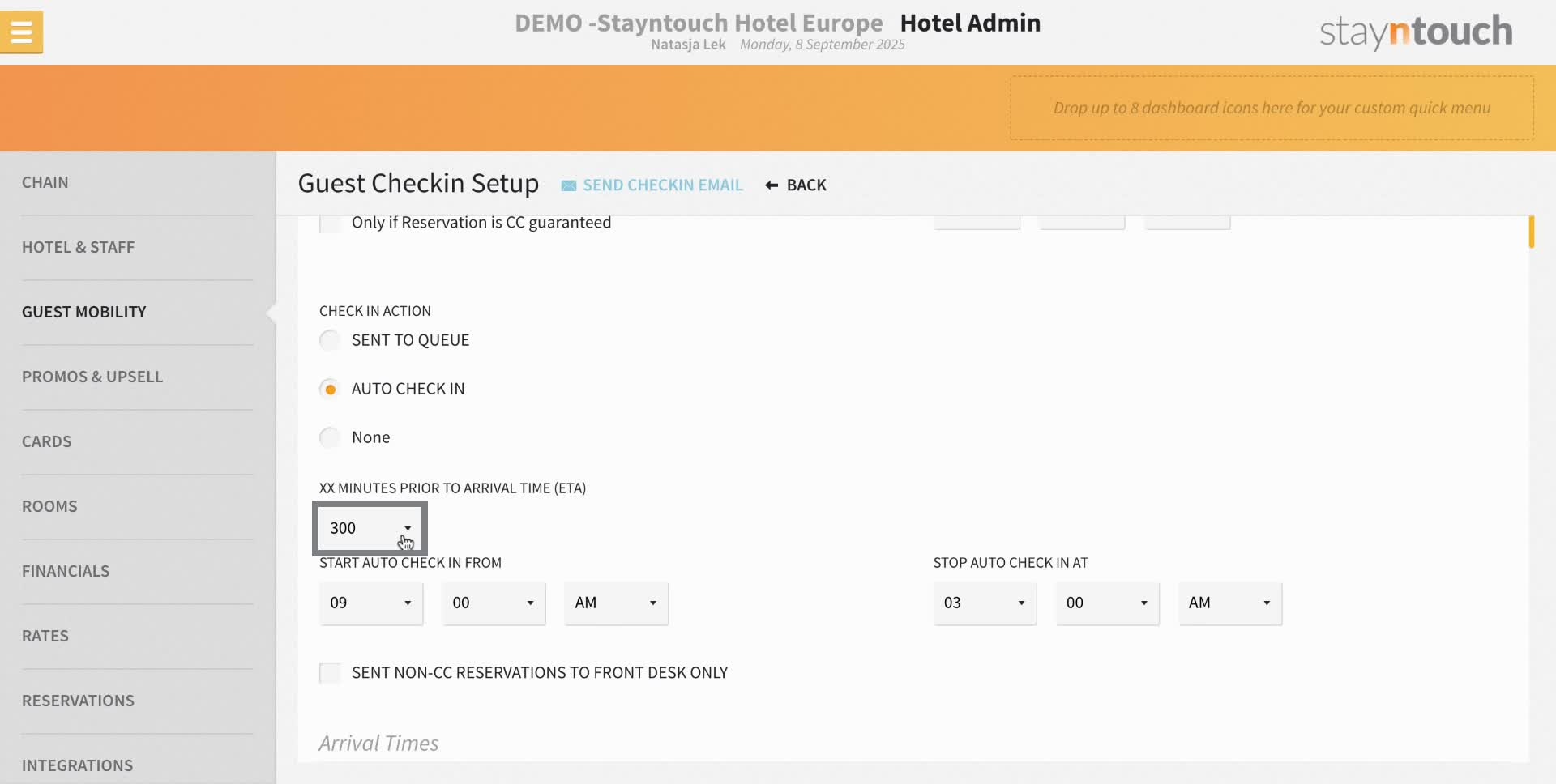 The "xx minutes prior to arrival time" indicates how many minutes before the customers provided ETA the system is allowed to start looking for an available room and potentially check in the reservation. We recommend this to be at least 2 hours beforehand as the guest will still have time to check their emails.
