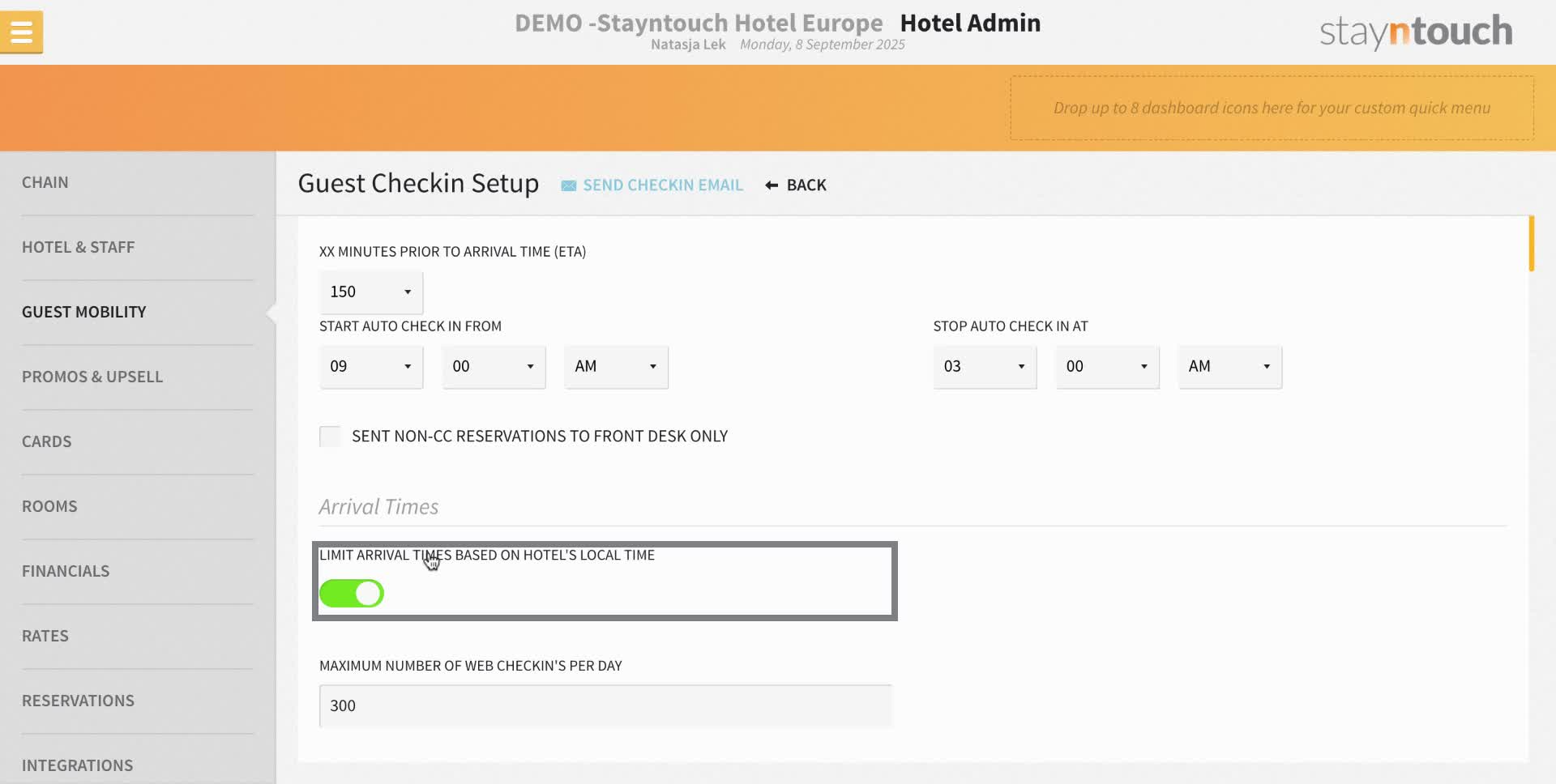 Toggle the option to limit arrival times based on the hotel's local time.