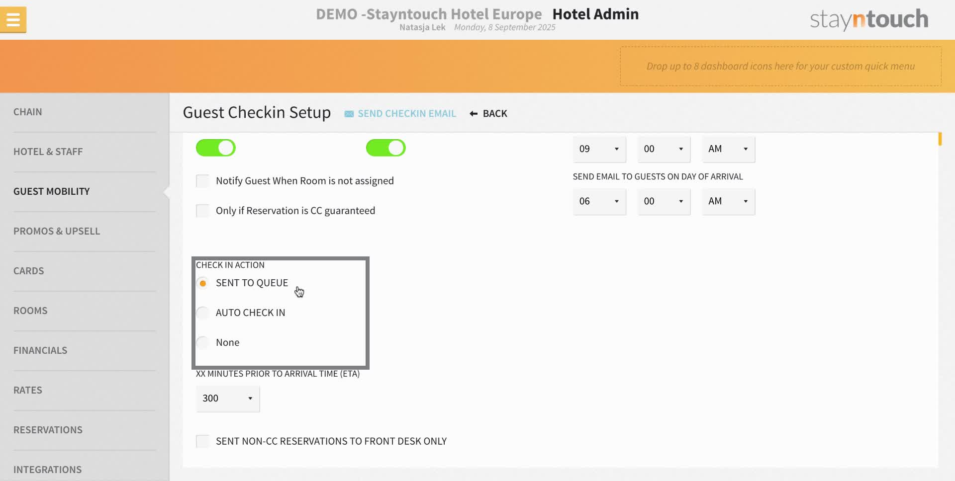 When selecting the "Sent to Queue" option under Check In Action it means that once a guest has done the online check-in, the reservation will move to the queue tile and the front desk will have to manually check-in the reservation.