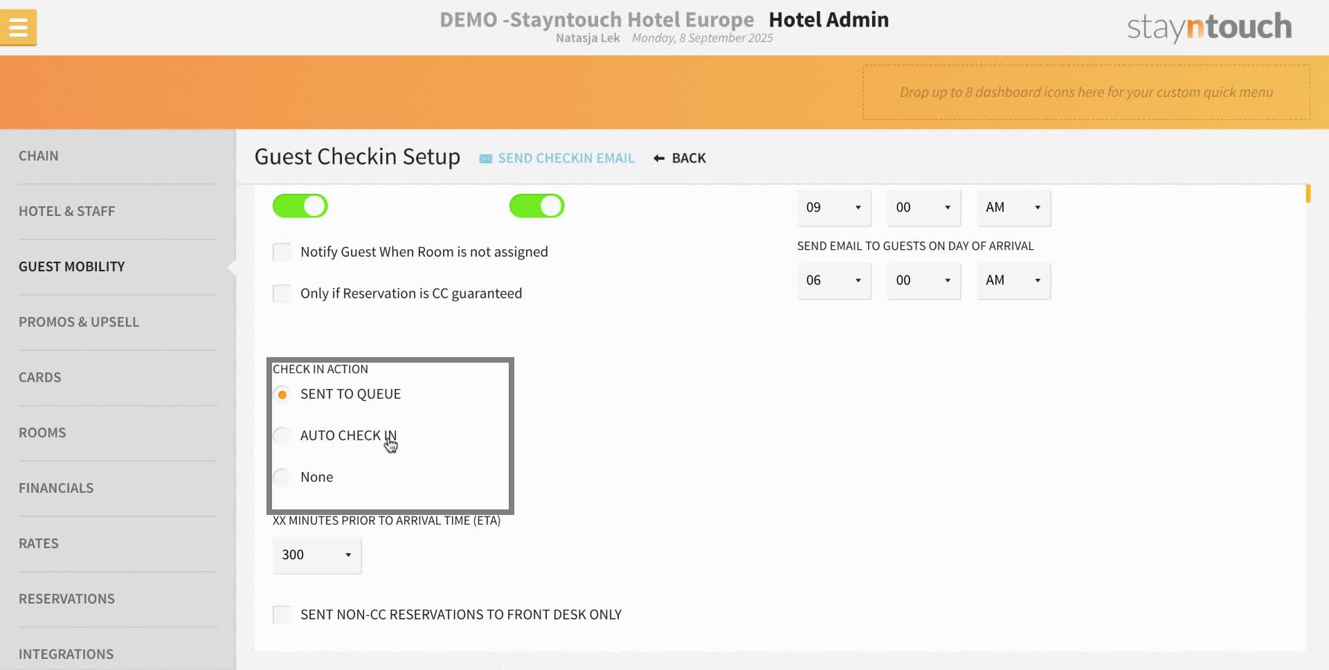 When choosing "Auto Check In" under Check In Actions the system will auto check-in the reservation after the guest has completed the mobile check-in (depending on their ETA, if a room is available, and if a valid cc is on file).