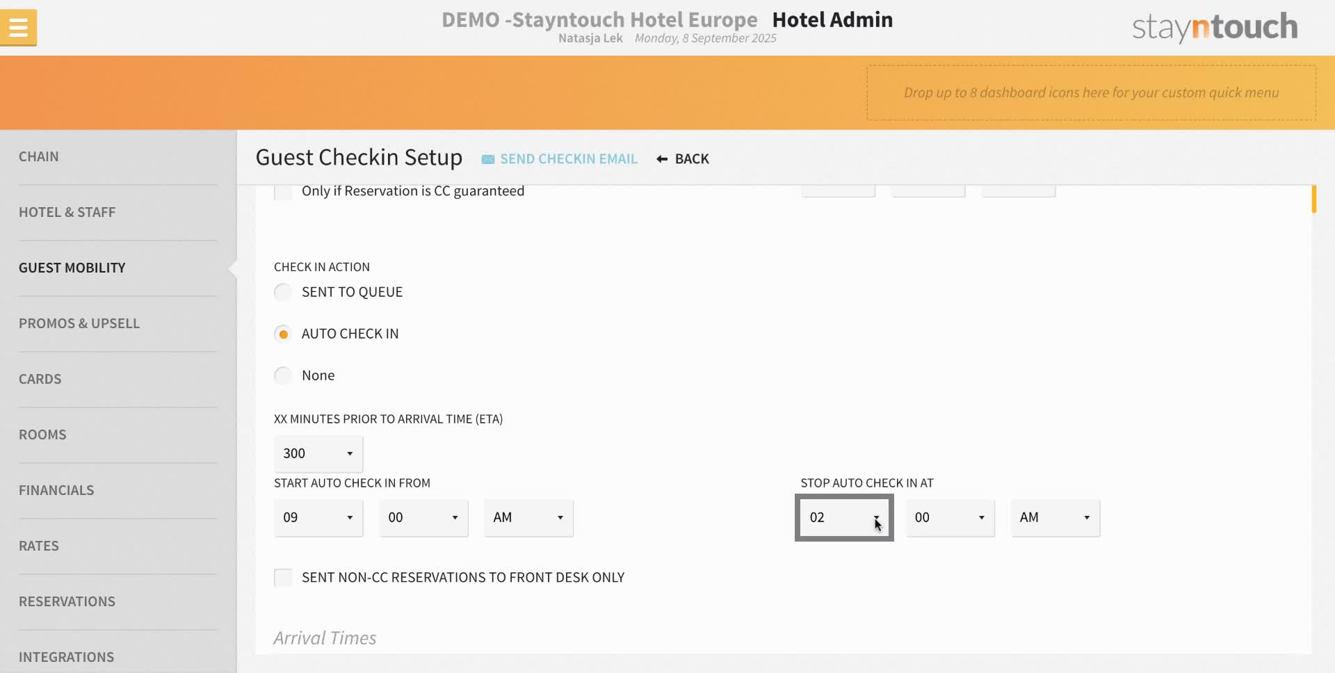 The "stop auto check-in time" is the end time to which the system is allowed to check-in guests. If you do not have a night auditor you might want this to stop at 11pm for example.