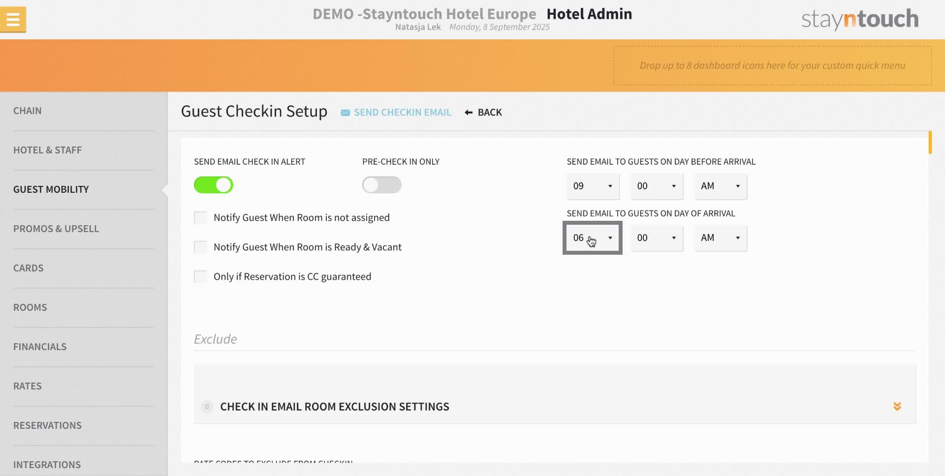 Click the dropdown to set the time for sending emails to guests on the day of arrival.