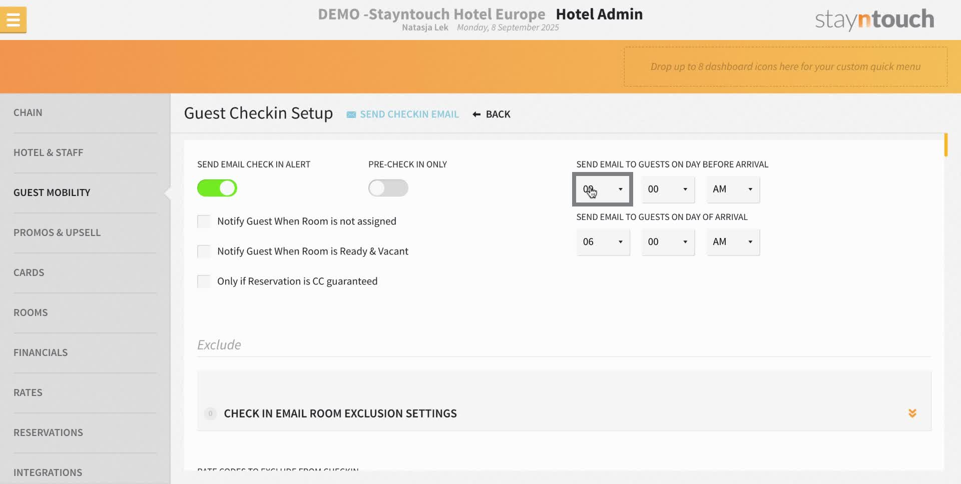 Click the dropdown to set the time for sending emails to guests the day before arrival.