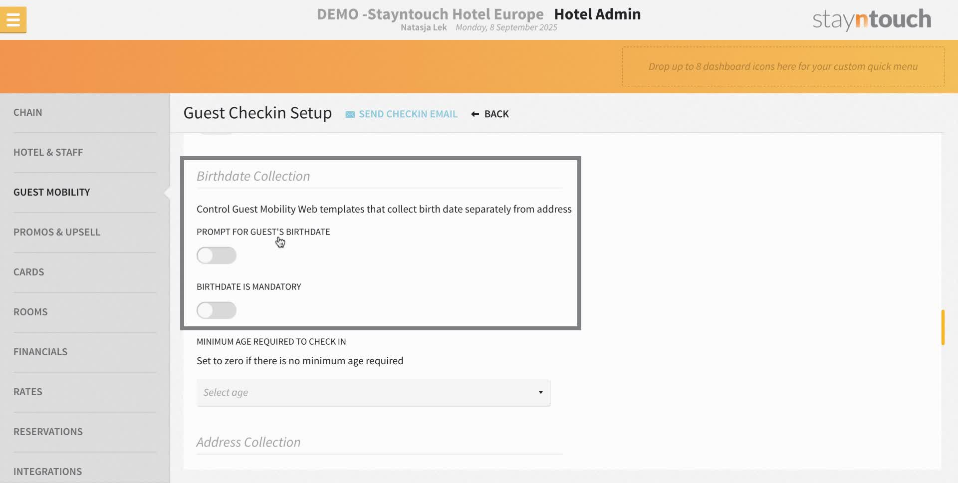 Toggle on 'prompt for guest birthdate' if you would like to collect these details. This information can be marked as mandatory as well.