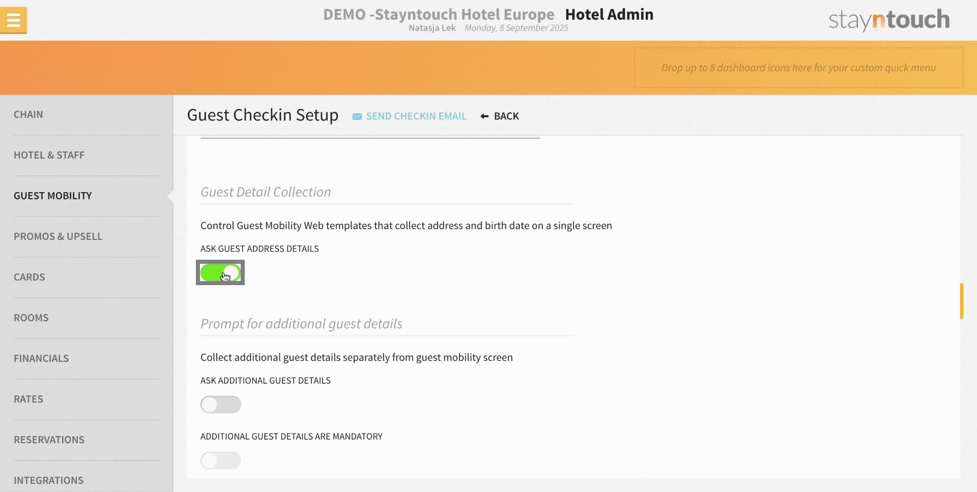 Toggle on the switch to ask for guest address details if you would like to collect these details.