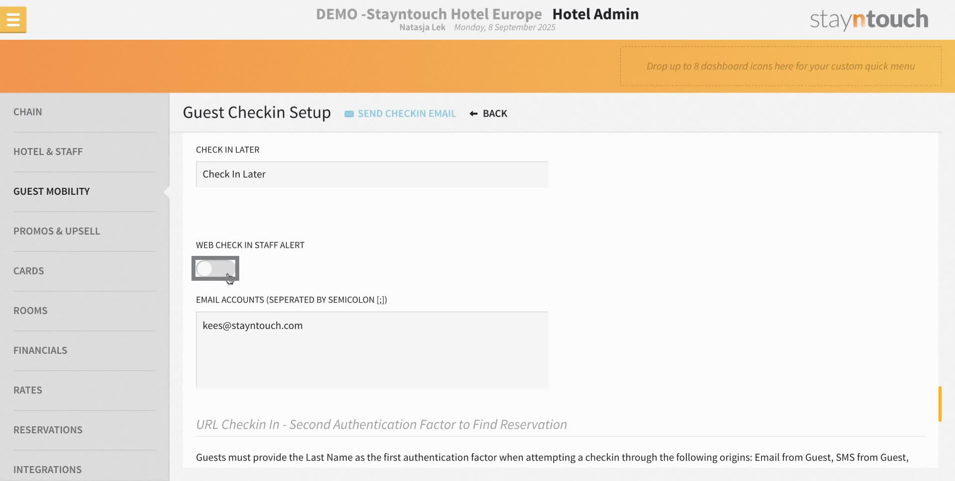 If your property would like to receive an email when a web check-in has happened, this toggle can be enabled.