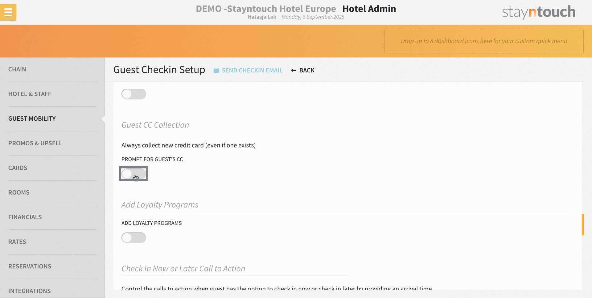 In order for auto check-in to work, we have to enable "prompt for guest cc", this way there will always be a correct and valid cc on file.