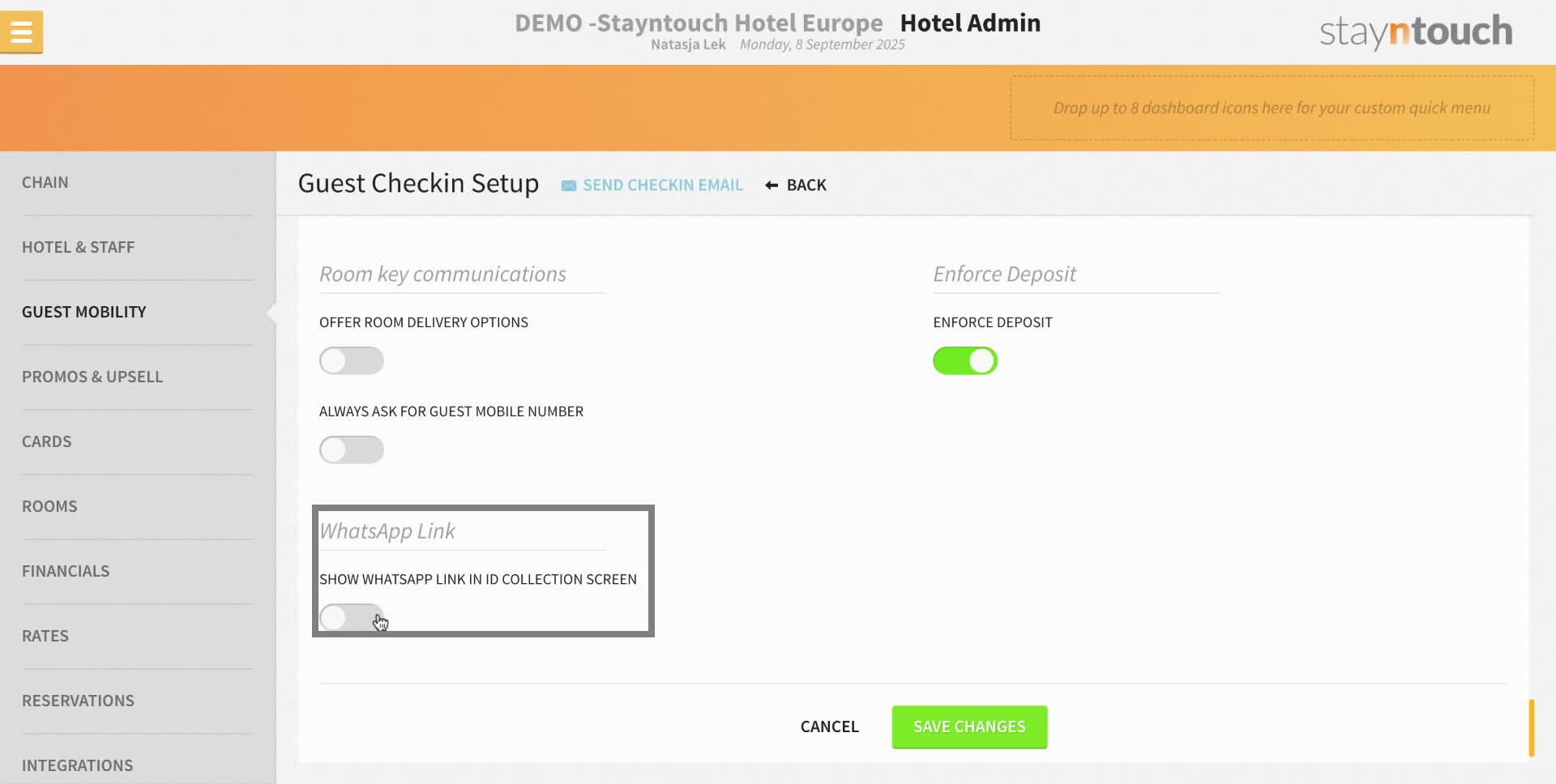 If your property works with ID scanning it would be possible to show a link to whatsapp where customers can send their ID photo. This will go to the phone number set up in Hotel & Staff and needs to be a mobile number.