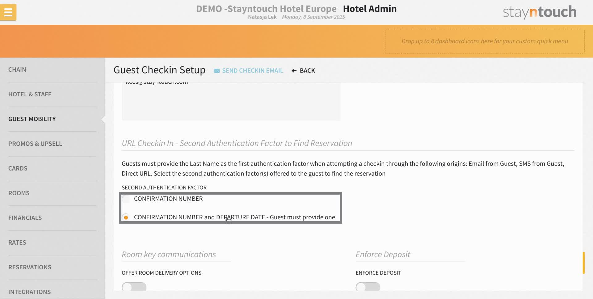 When working with a direct url (which will be covered in an additional video) the customer will have to provide their last name as well as a second authentication factor. We recommend that guests can fill in either their confirmation number or their departure date.