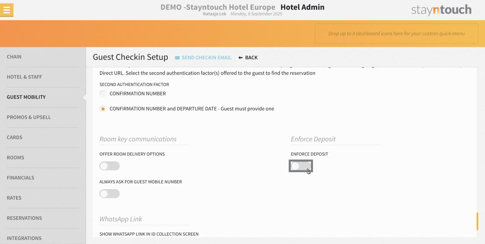 If your property works with deposit rules the system can ensure that the deposit is collected during check-in if this was not done before.