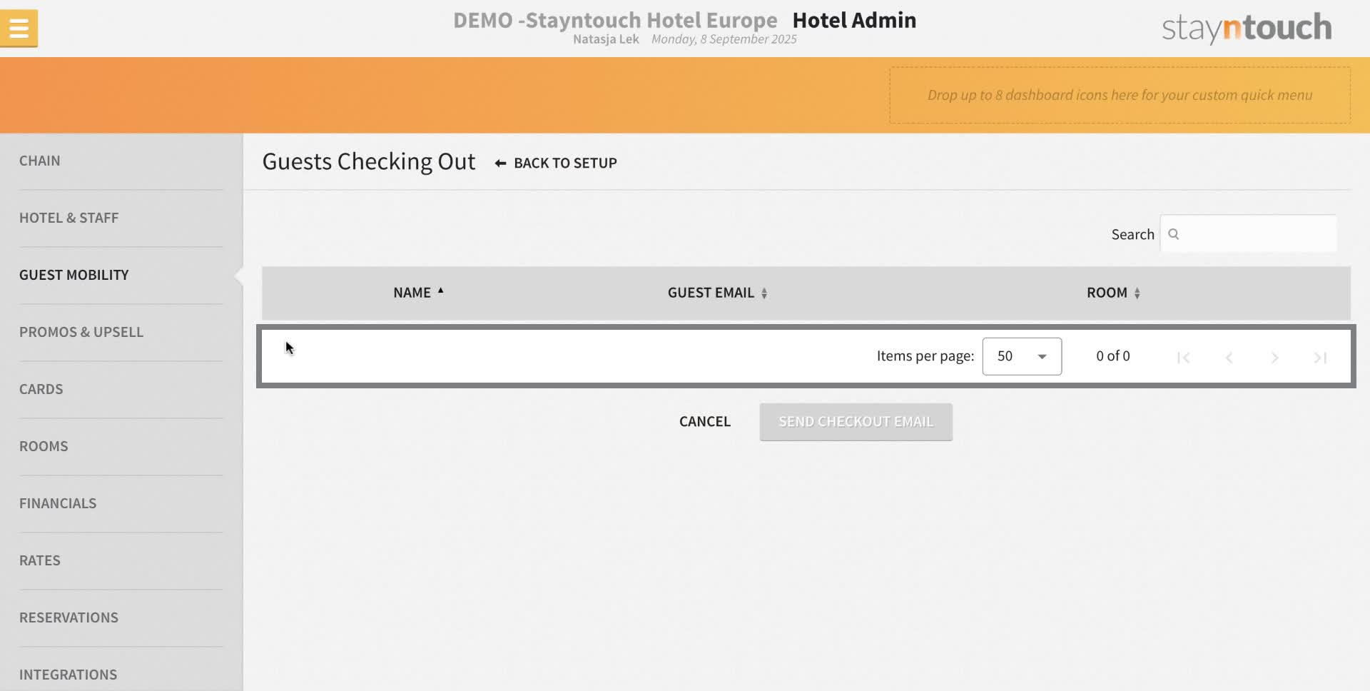 If you have a test reservation in check out status with an email address it will show here for you to select and then you can send yourself the email.
