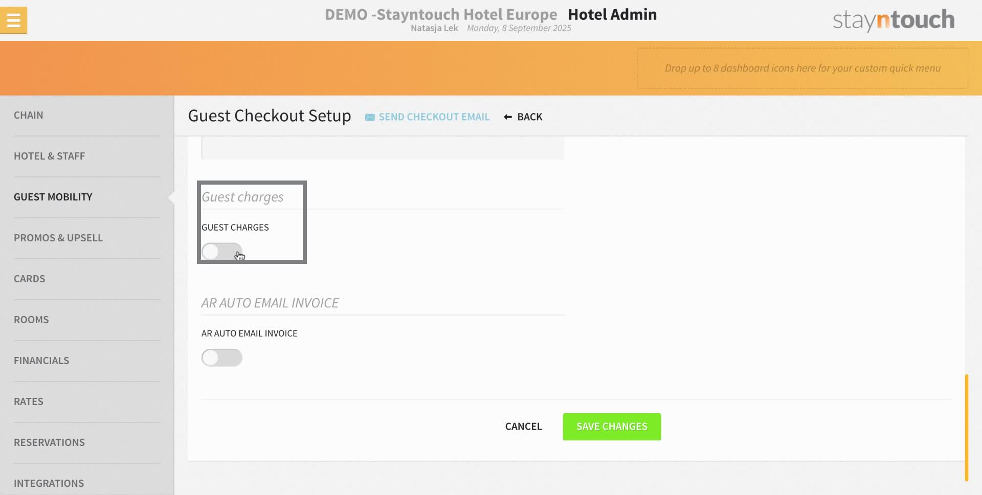 If there are items in the room that the customer can add to the bill themselves (such as items from the minibar) "guest charges" can be enabled.