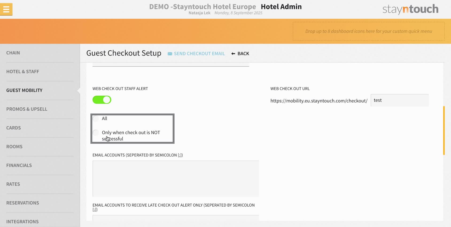 You can choose between "all" or "Only when check out is NOT successful" and fill in the email address you want to receive the emails on.