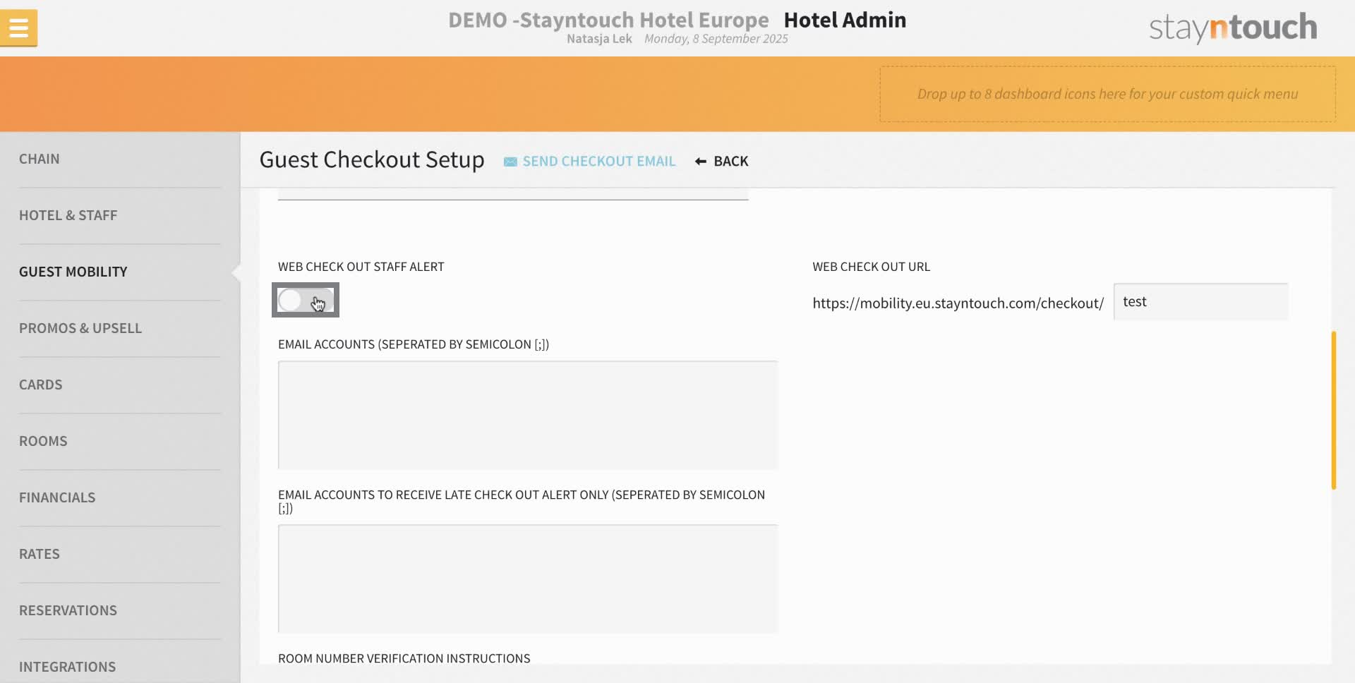 If you would like to receive emails when someone has done a web check-out this toggle can be enabled.