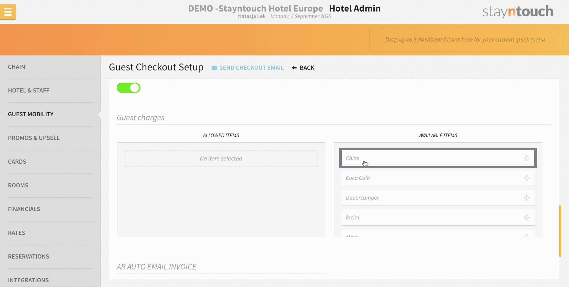 Once enabled the items you want the customer to be able to select can be dragged and dropped from "available items" to "allowed" so the customer can see these options.