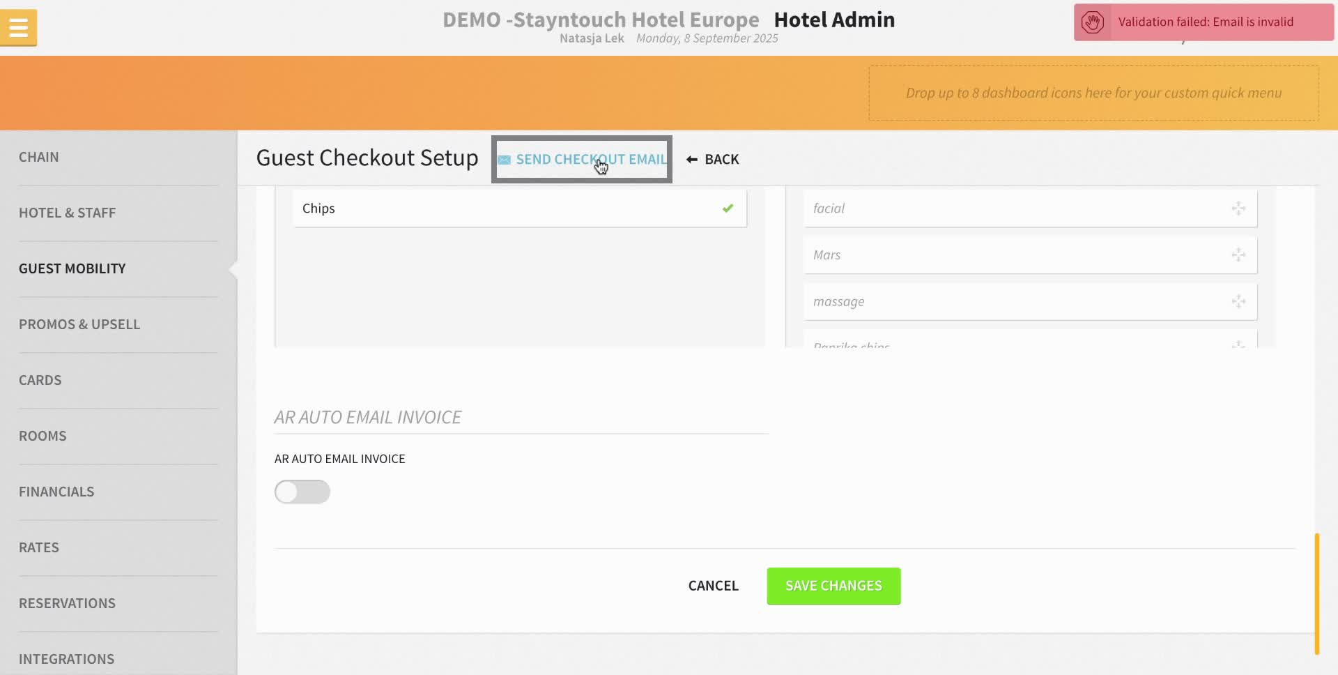 If you want to send yourself a check-out email to test the check out flow you can use the "send checkout email" at the top.