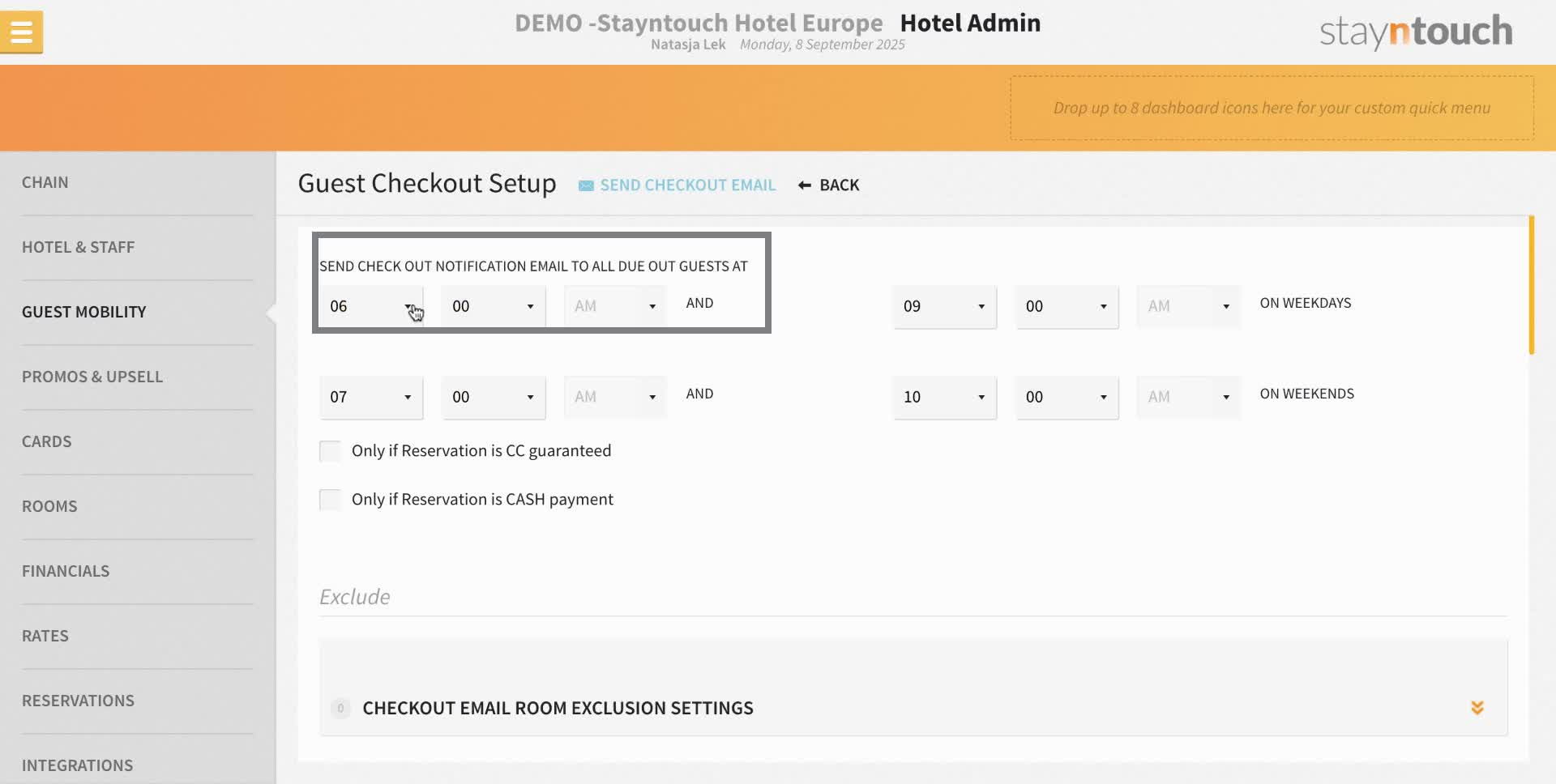 On the day of check-out the system can send the dynamic check-out email at two different times during the week day.