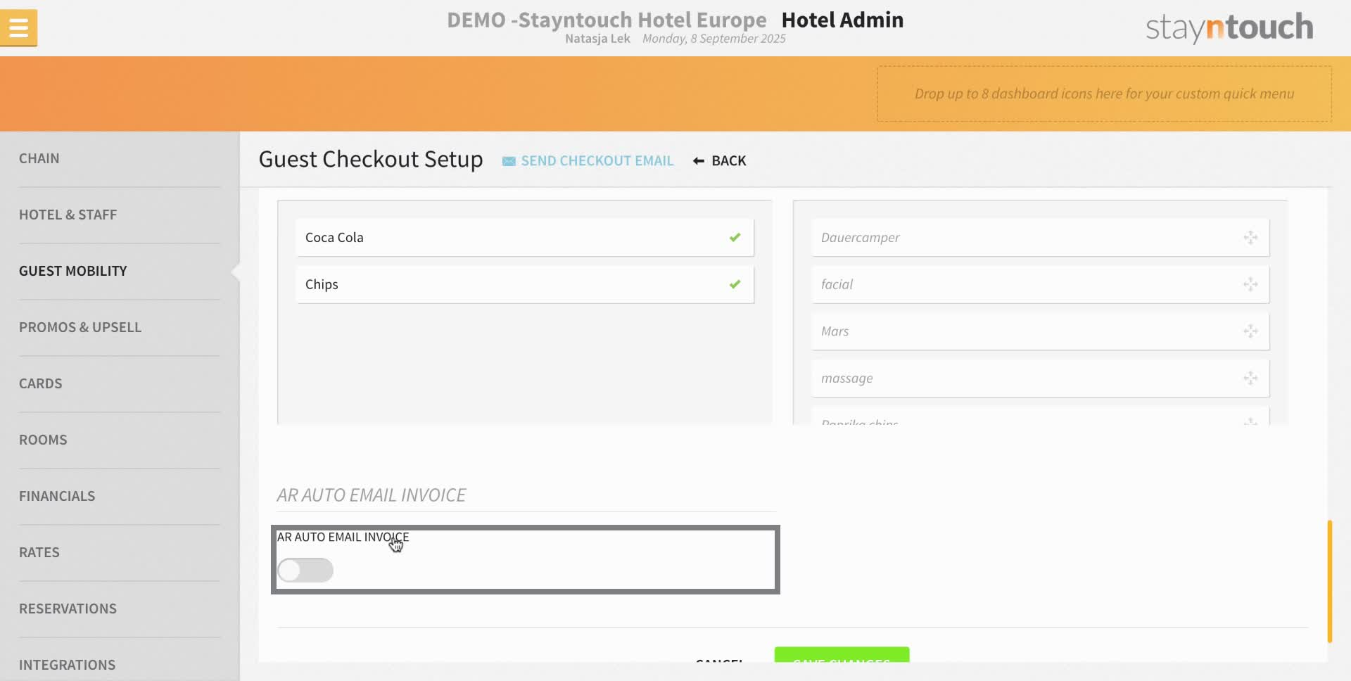 Upon check-out bill 1 always gets emailed to the guest. The other routed bills do not. If you want those invoices to be emailed to the company or Travel Agent, this toggle here can be enabled. It is not recommend to enable this as they prefer to receive a monthly statement rather then separate invoices.