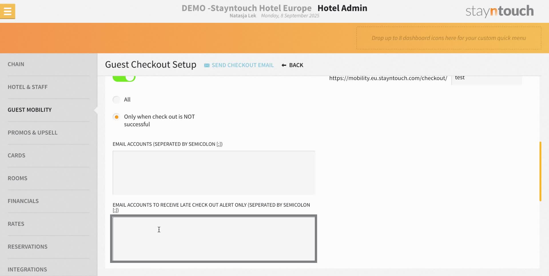 If someone has purchased a late checkout and your housekeeping does not work with mobile task sheets, it would be a good idea to add housekeeping's email address so they know when someone has purchased this.