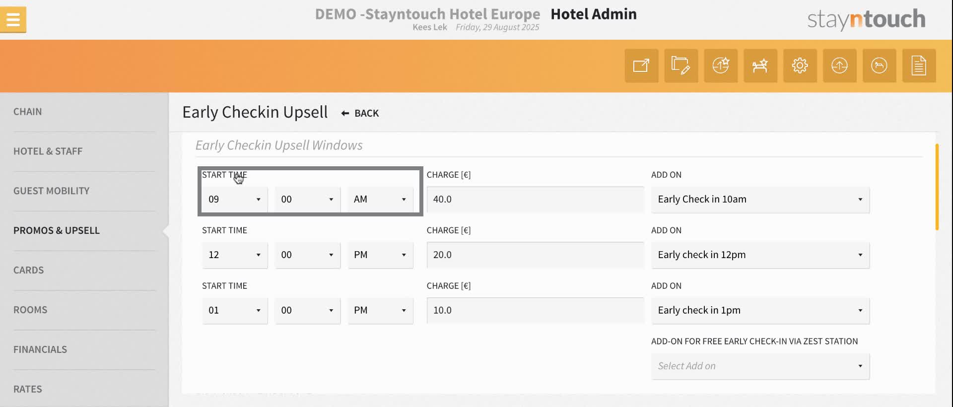 Configure start times that allow you to put the price for. In this example arrivals between 9 and 12 am will be quoted 40 euro to checkin early.