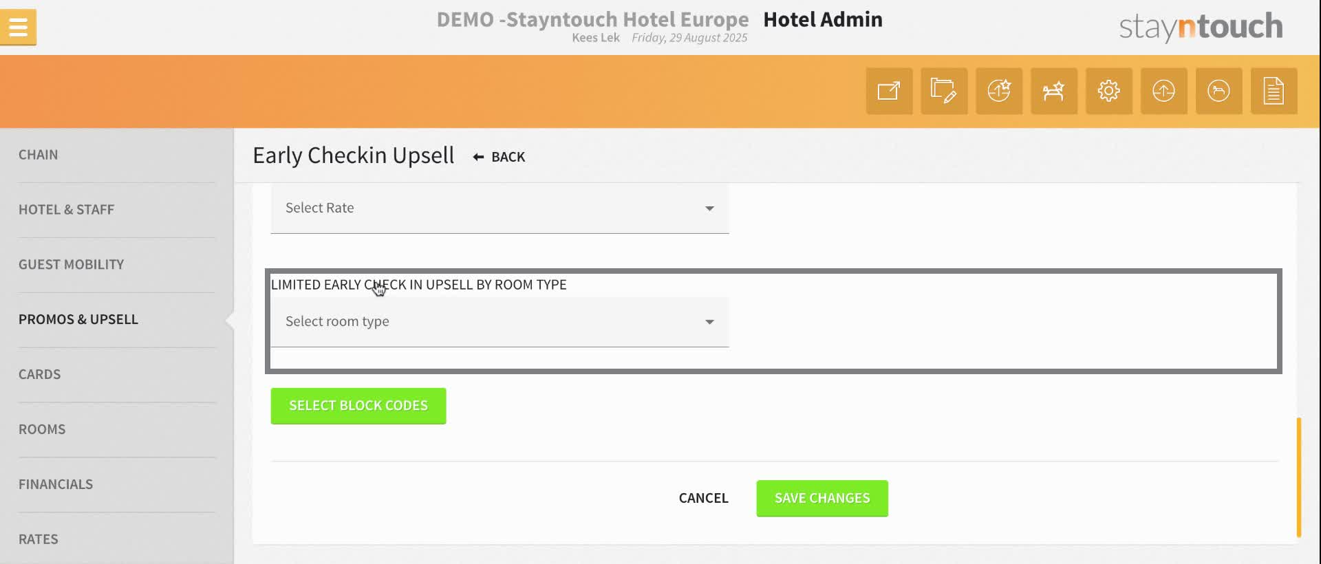 Select a room type from the dropdown under "Limited Early Check In Upsell by Room Type"  if you want to restrict specific room types.