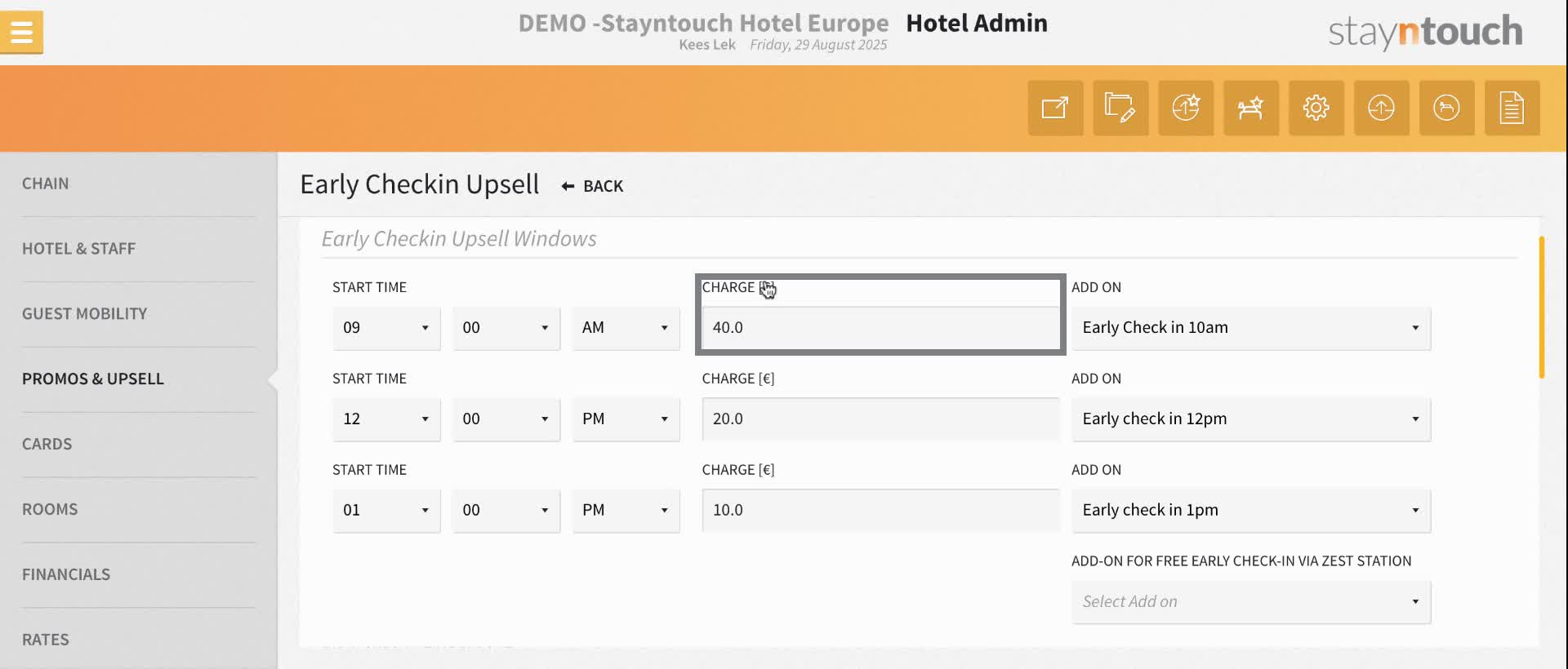 Enter the charge amount as 40.0 in the Early Checkin Upsell section.