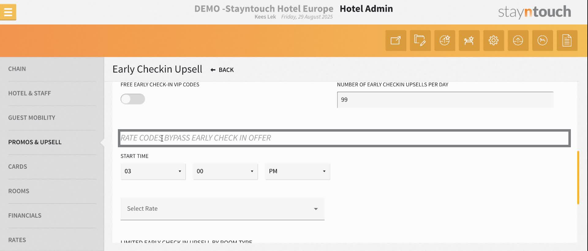 In the section labeled "Rate Codes Bypass Early Check In Offer" you can define specific rate codes for which you do not want to offer early checkin.