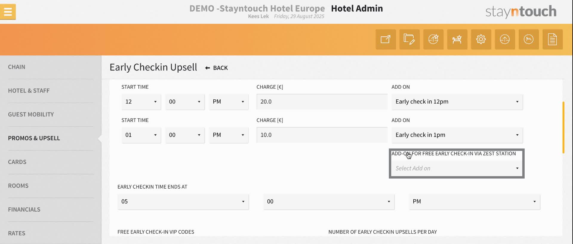 Optionally select an add-on for free early check-in via the Kiosk.