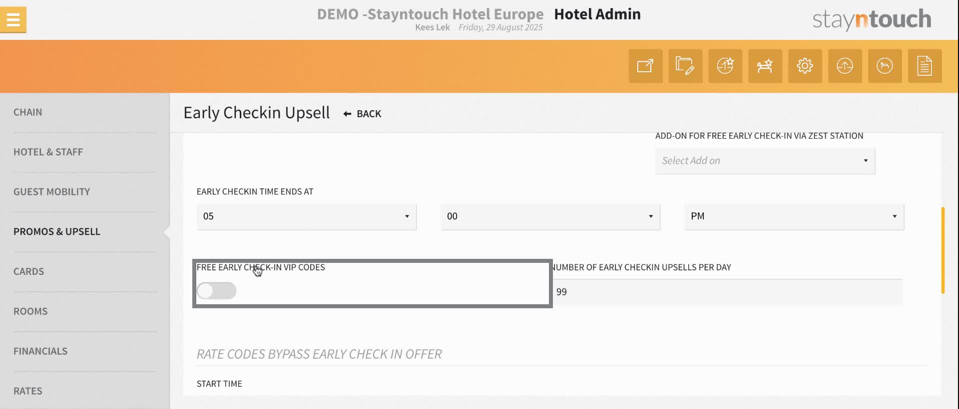 Optionally toggle the switch for "Free Early Check-In" for VIP's.