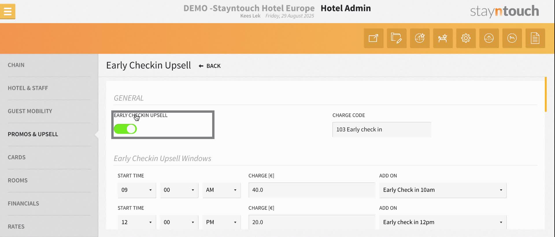 Toggle the "Early Checkin Upsell" switch "ON" to enable it.